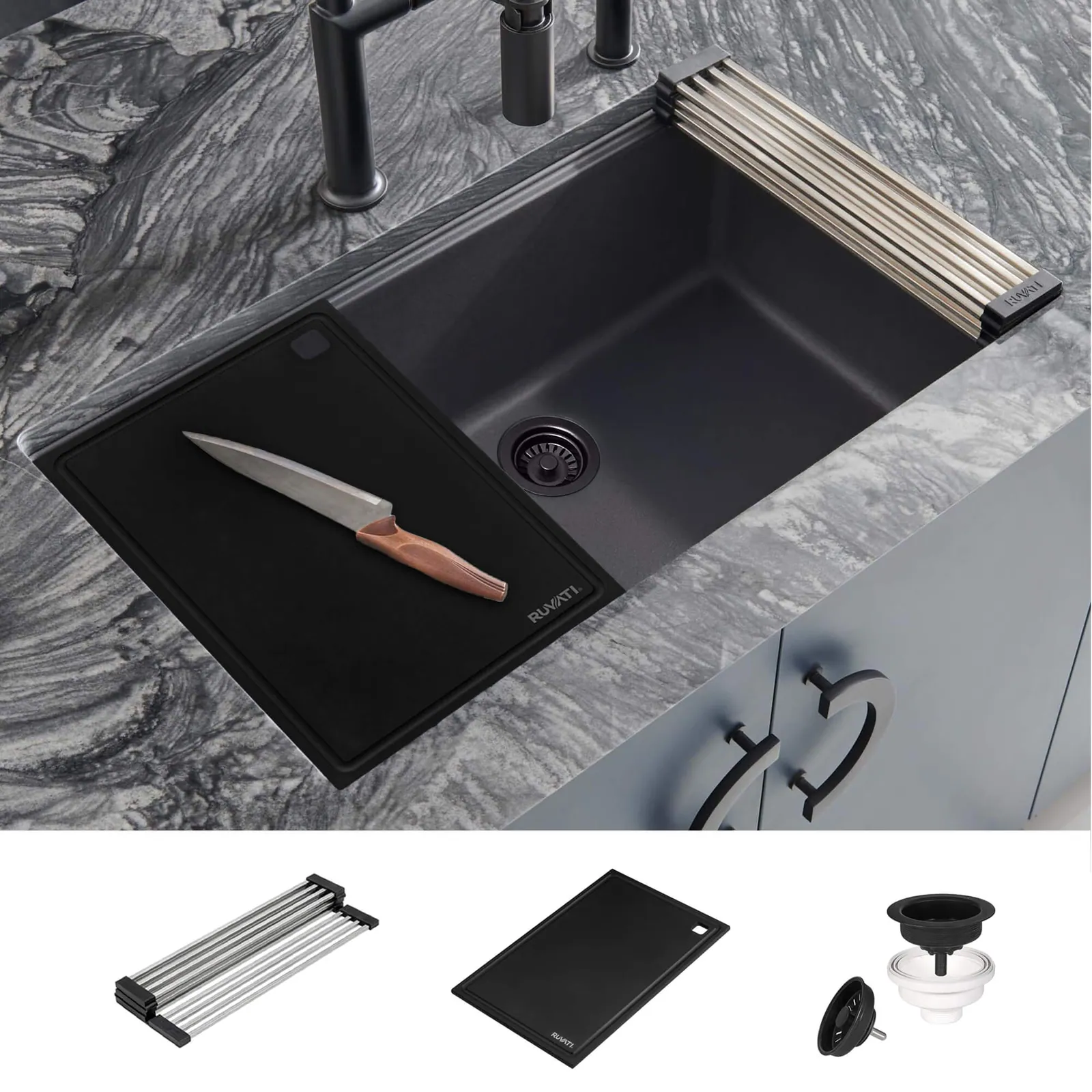 Ruvati 33-inch Undermount Workstation Granite Composite Quartz Kitchen Sink Matte Black