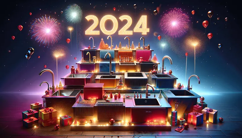 an image of the best kitchen sinks in 2025 displayed in a festive setting with fireworks and gifts.