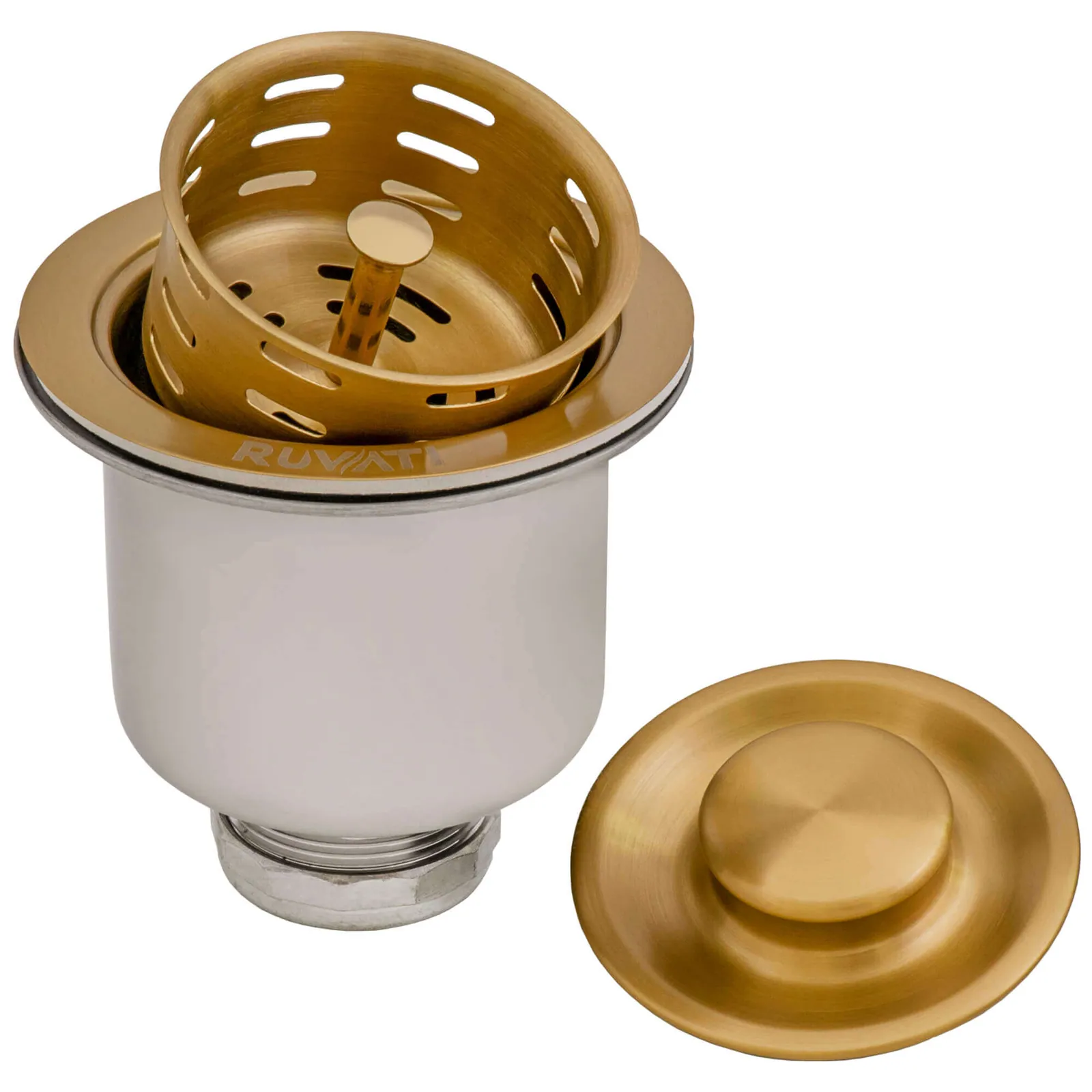 Ruvati Deep Basket Strainer Drain for Kitchen Sinks all Metal 3-1/2 inch – Brushed Gold