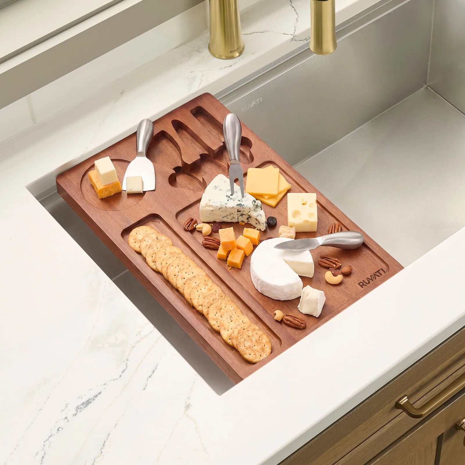 Ruvati LedgeFit Charcuterie Cheese Board Serving Tray Workstation Accessory on Sink Mahogany Wood