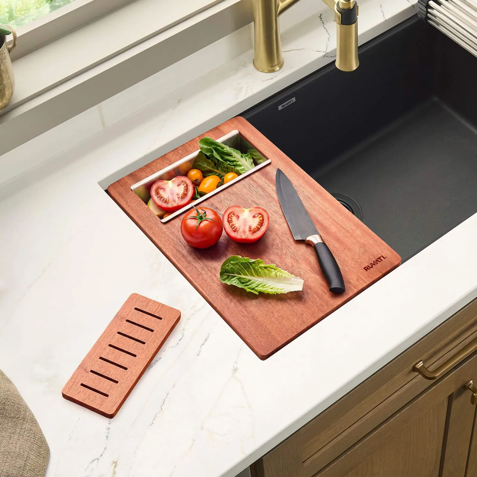 Ruvati LedgeFit Cutting Board with Colander Insert Workstation Sink Accessory