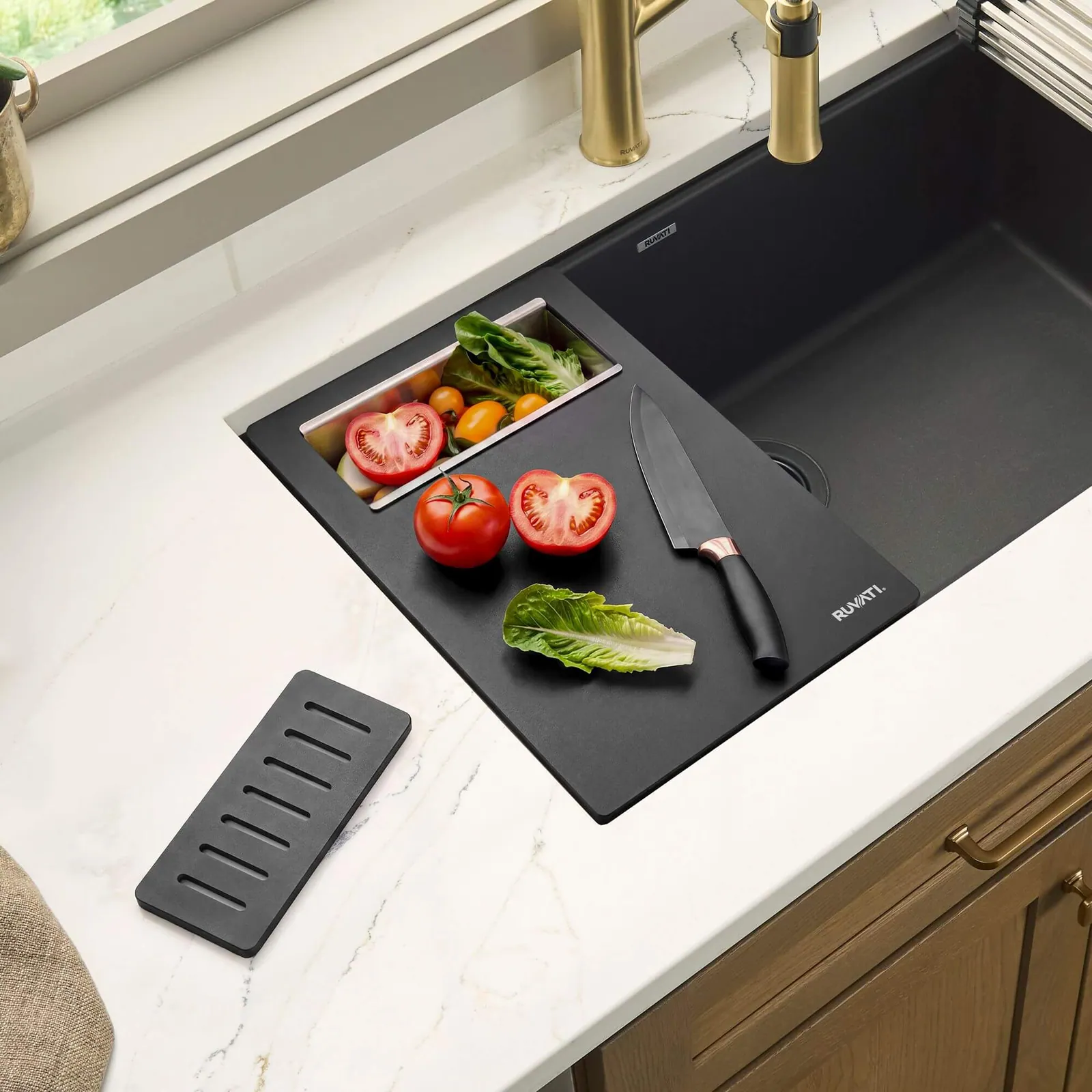 Ruvati LedgeFit Cutting Board with Inserted Colander Workstation Sink Accessory in Black Composite