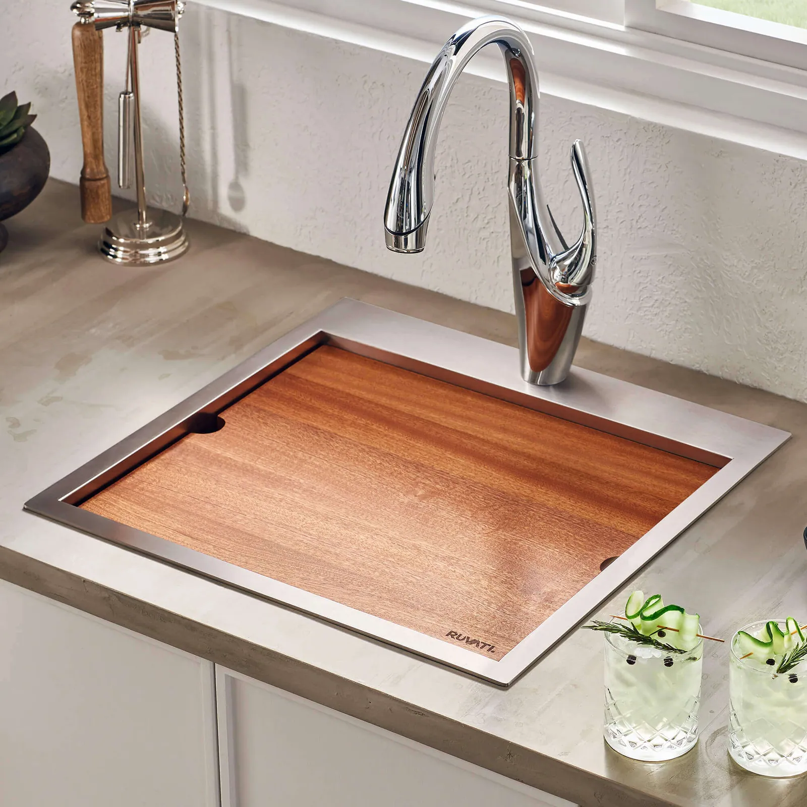 Ruvati Solid Wood Replacement Cutting Board Sink Cover for RVH8218 workstation sink