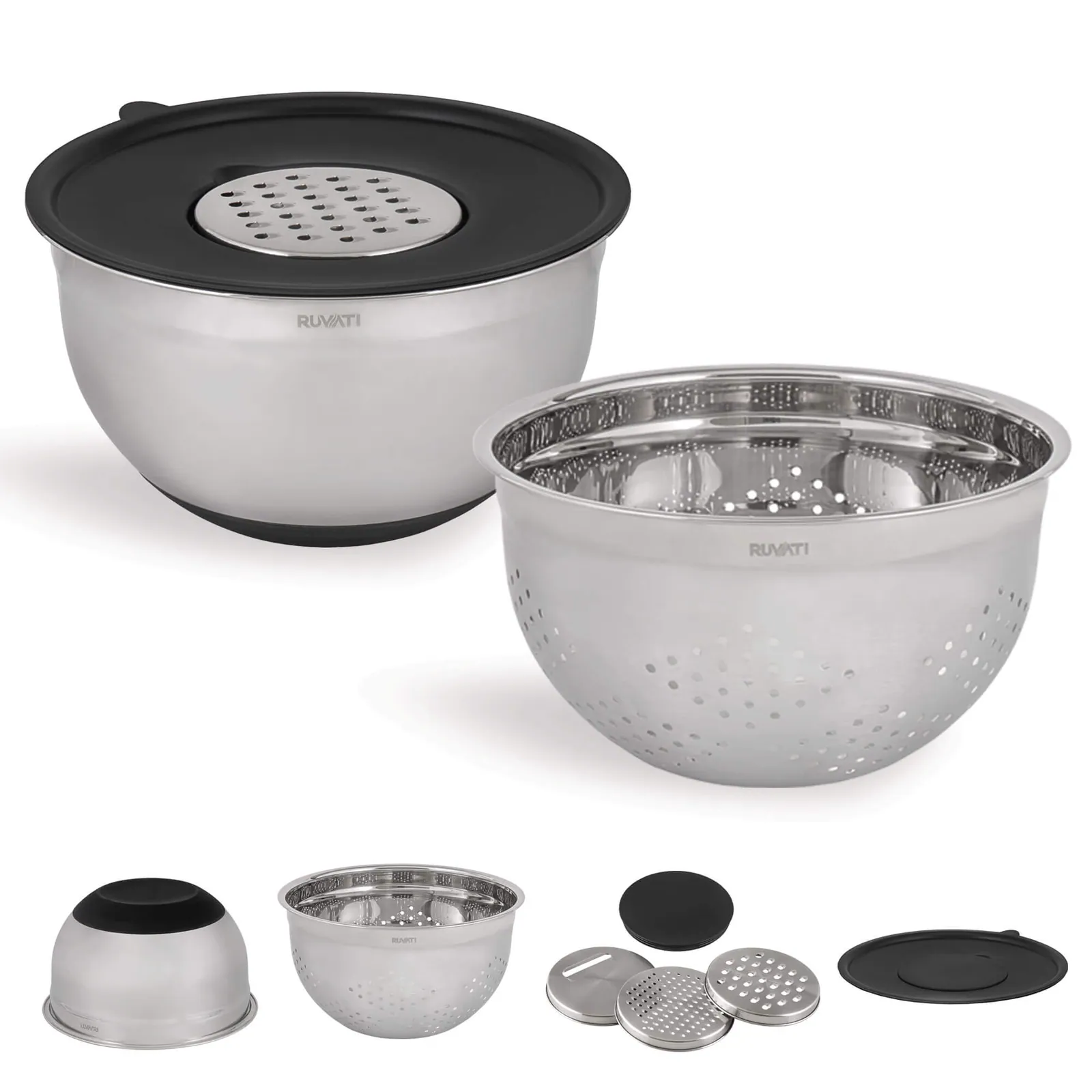 Ruvati 5 quart mixing bowl and colander set with grater attachments (6 piece set)