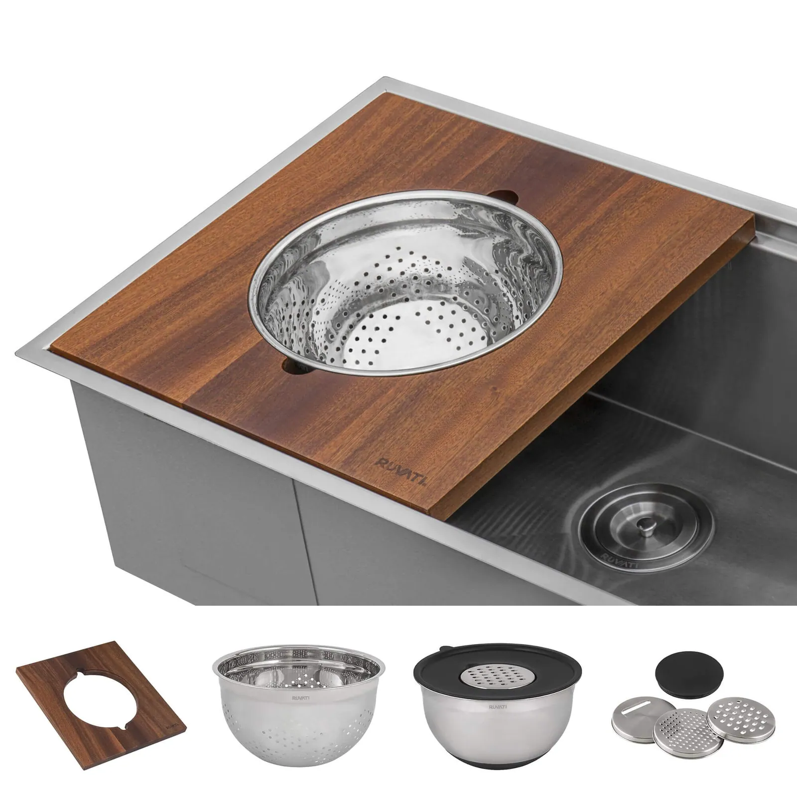 Ruvati Wood Platform with Mixing Bowl and Colander (complete set) for Workstation Sinks