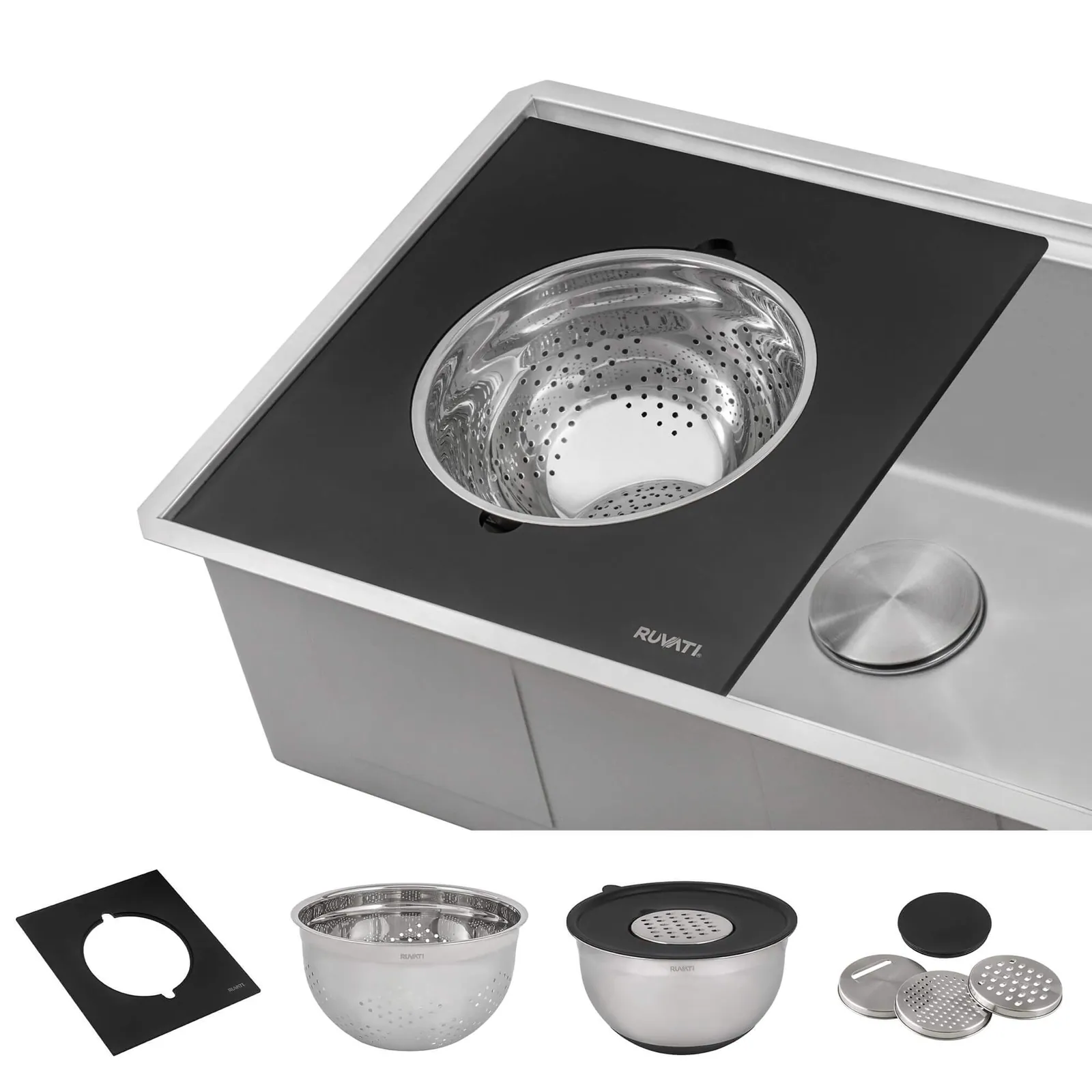 Ruvati Mixing Bowl and Colander with Black Composite Platform (complete set) for Workstation Sinks