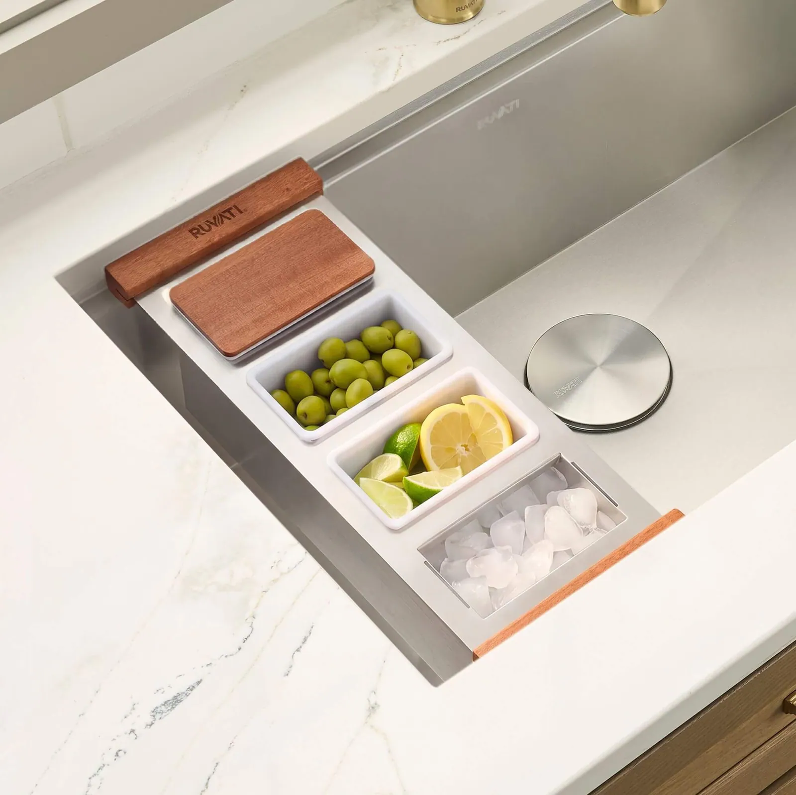 Ruvati LedgeFit Ice Chilled Condiment Tray Mixology Cocktail Bartender Bowl with Solid Hardwood Covers Workstation Sink Accessory