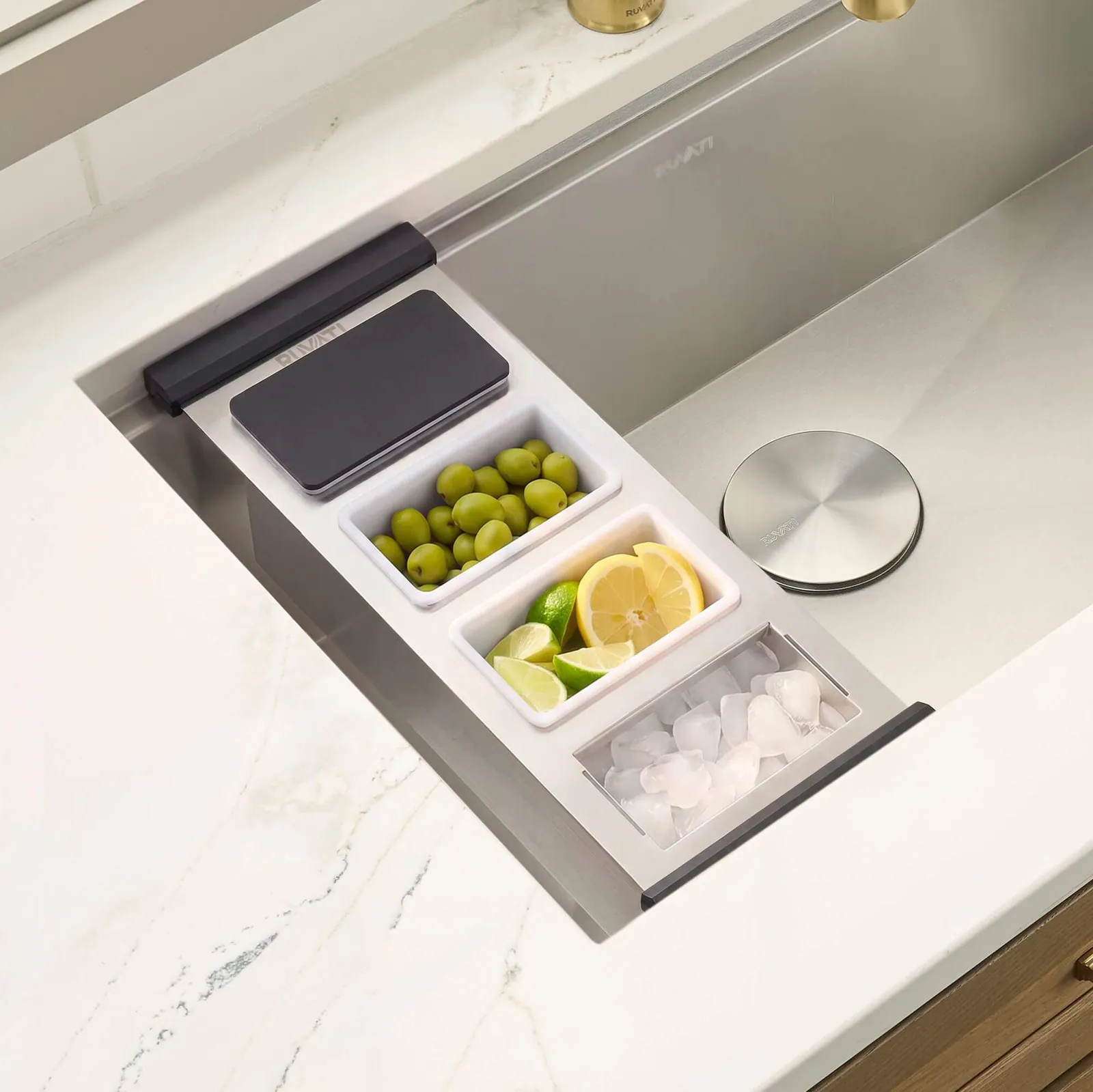 Ruvati LedgeFit Ice Chilled Condiment Tray Cocktail Bartender Bowl with Black Composite Covers Workstation Sink Accessory