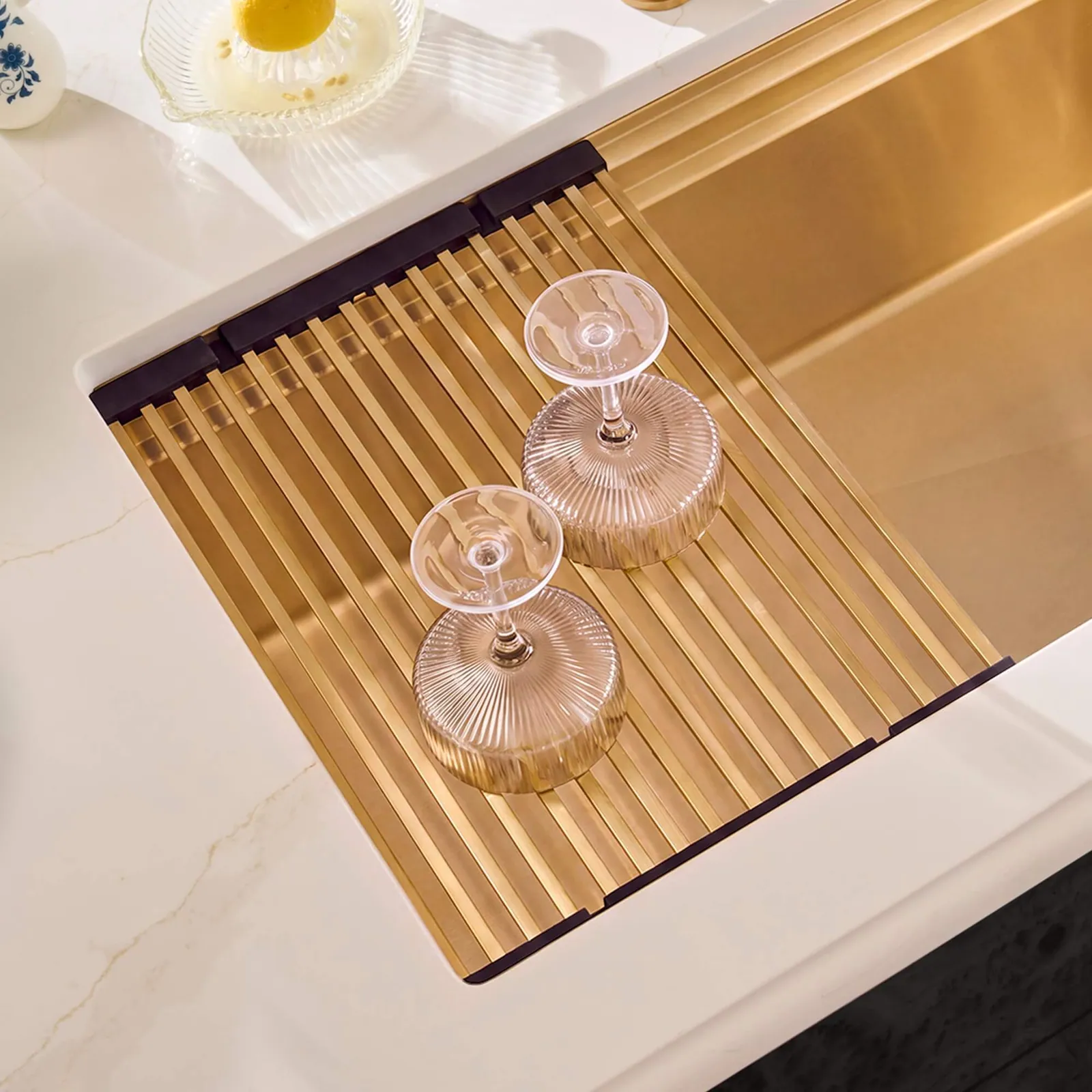 Ruvati LedgeFit Foldable Drying Rack Roll up Workstation Sinks Accessory in Brushed Gold