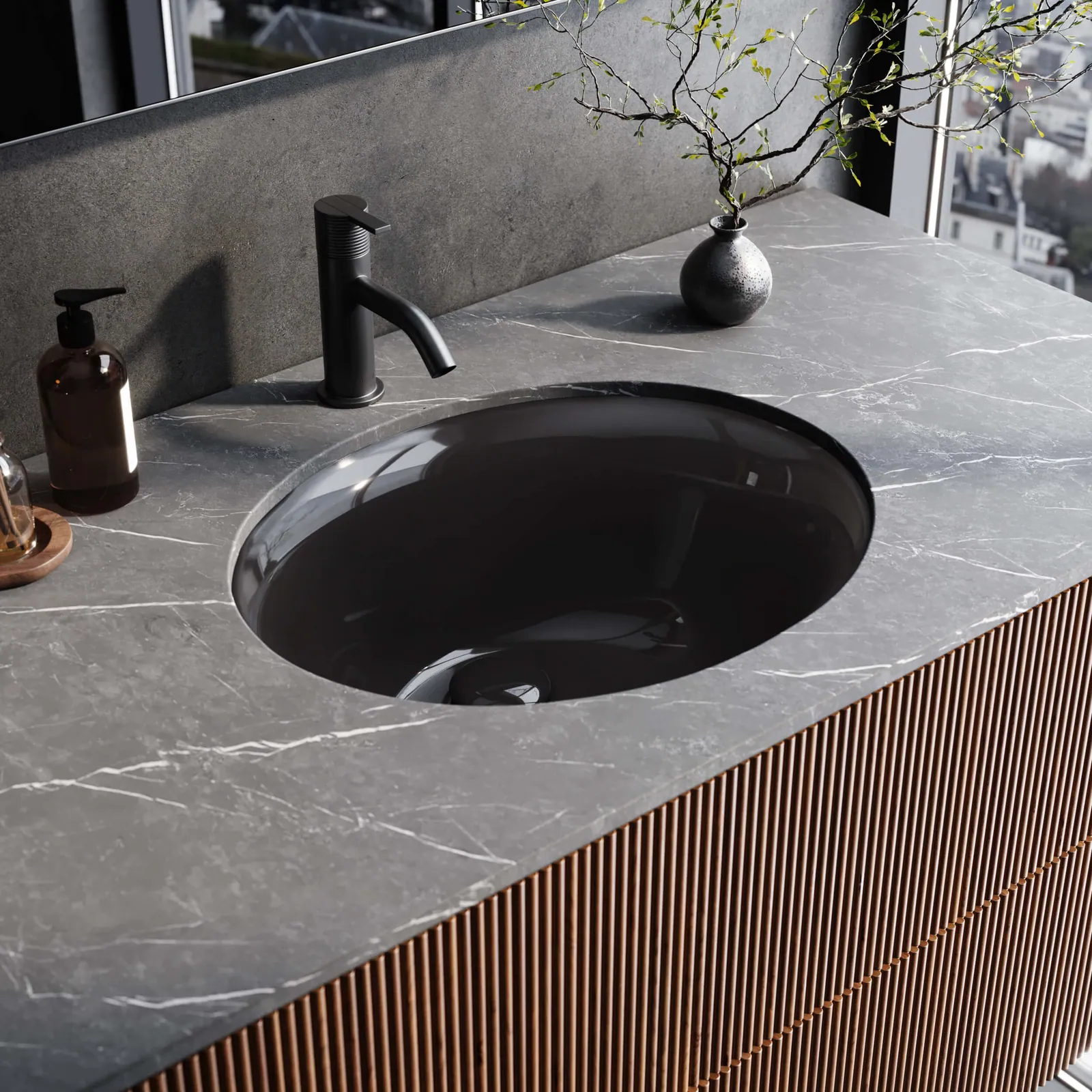 Ruvati 16 x 13 inch Undermount Bathroom Sink Black Oval Porcelain Ceramic with Overflow