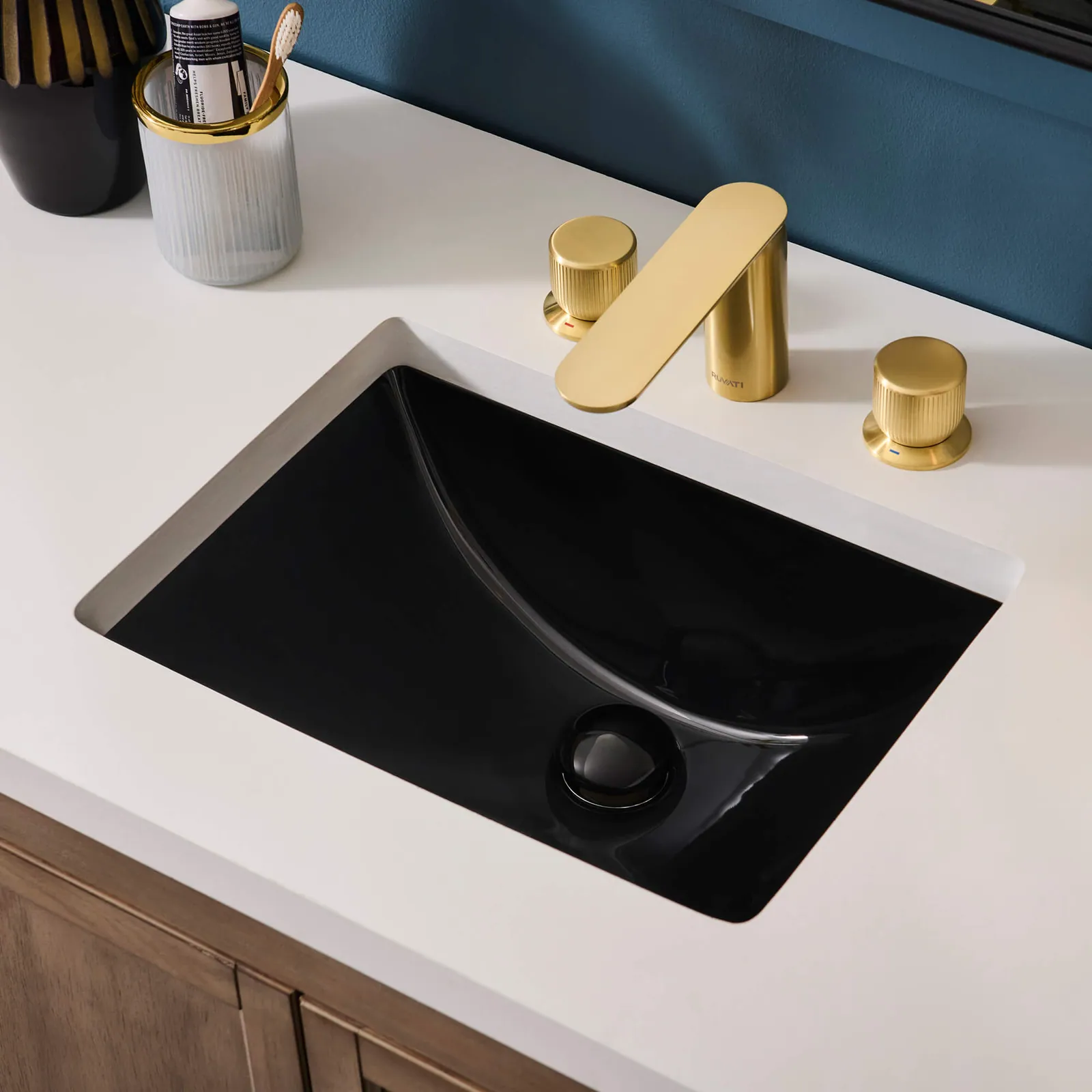 Ruvati 16 x 11-3/4 inch Undermount Bathroom Vanity Sink Black Rectangular Porcelain Ceramic with Overflow