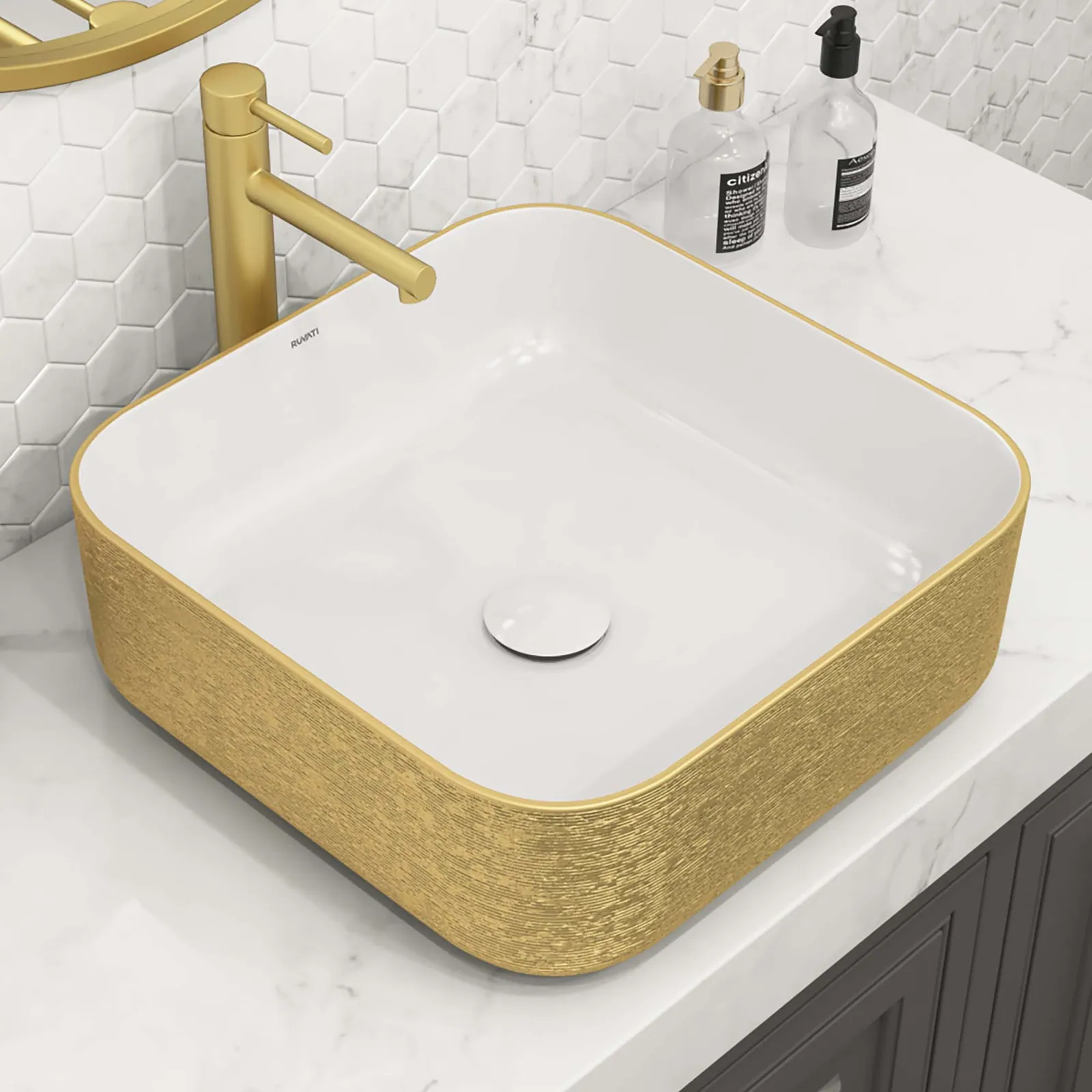 Ruvati 15 x 15 inch Bathroom Vessel Sink Gold Decorative Art Above Vanity Counter White Ceramic
