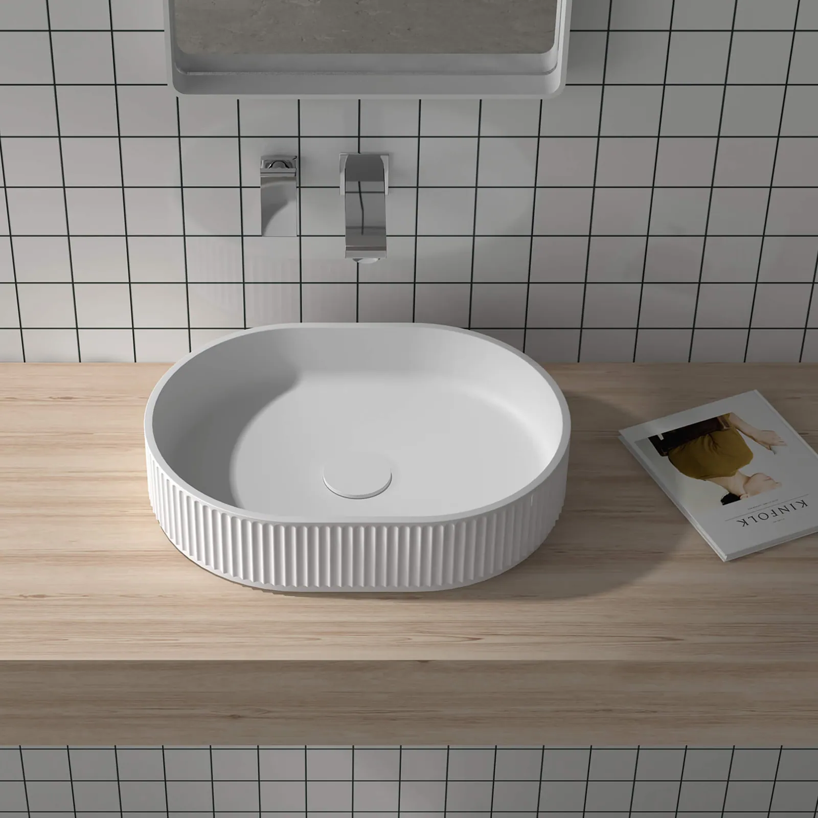 Ruvati 19 x 14 inch Fluted Vessel Bathroom Sink epiStone Solid Surface Modern Oval Matte White
