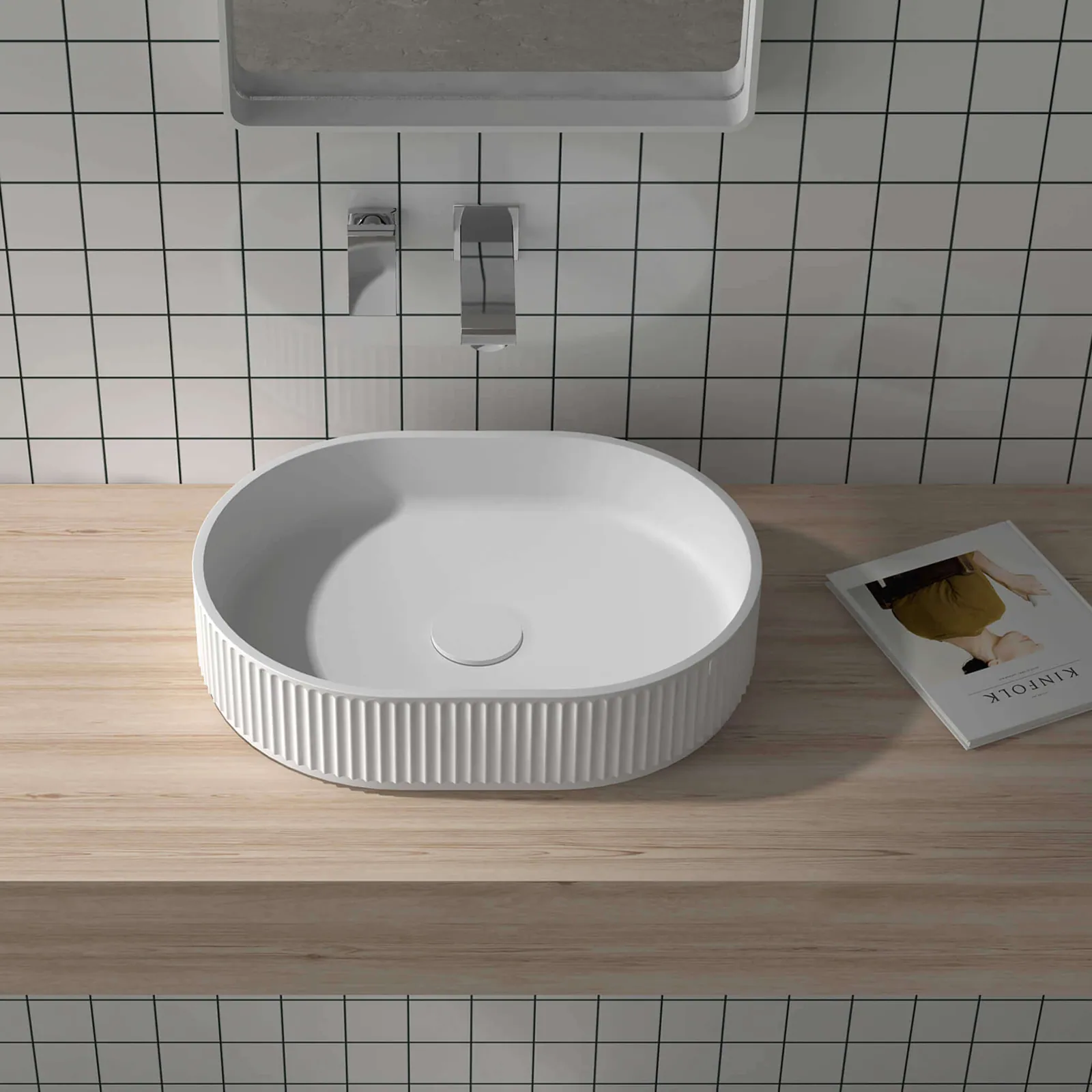 Ruvati 23 x 14 inch Fluted Vessel Bathroom Sink epiStone Solid Surface Modern Oval Matte White