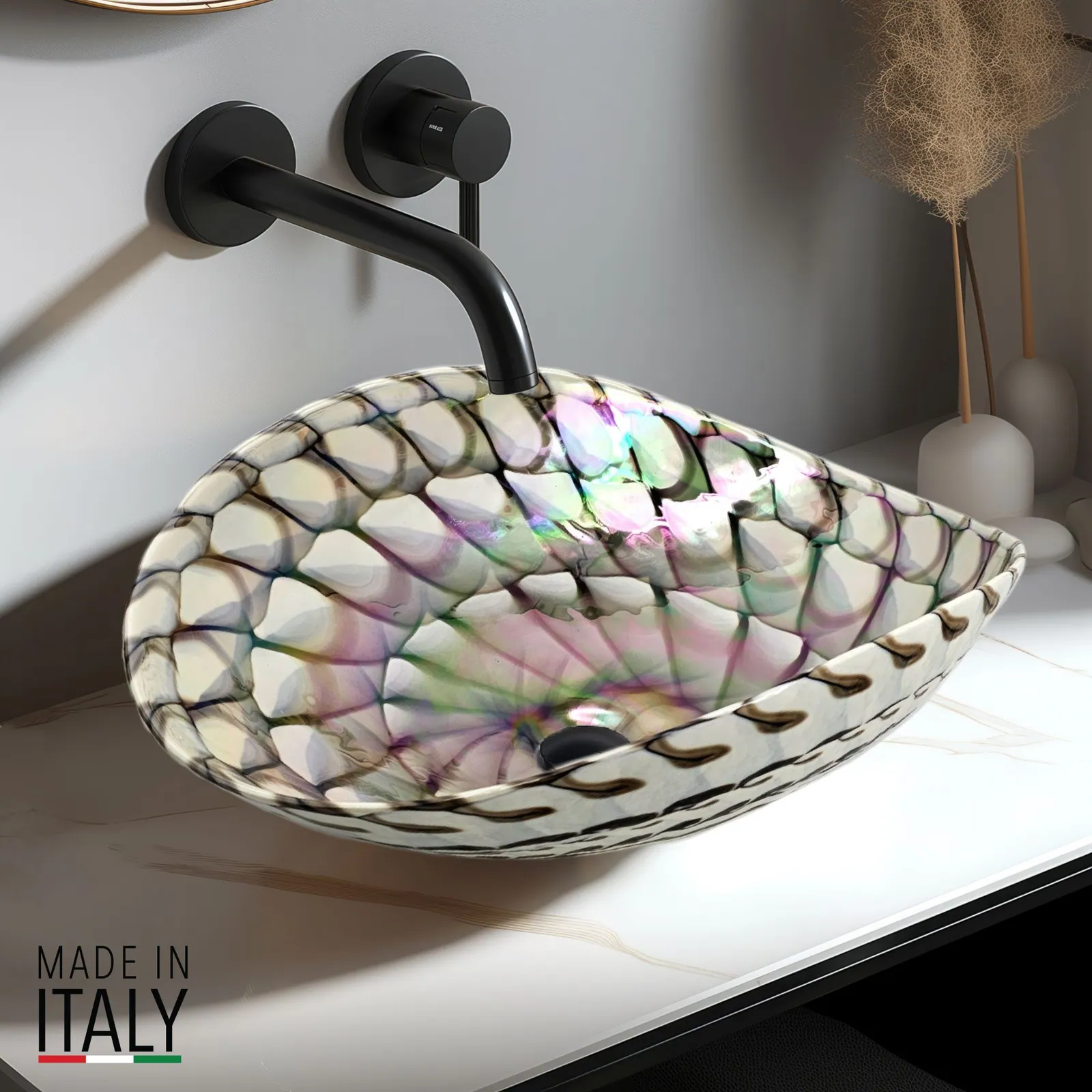 Ruvati 19 inch Murano Glass Art Vessel Seashell Decorative Pattern Bathroom Sink – Nautilus Brown