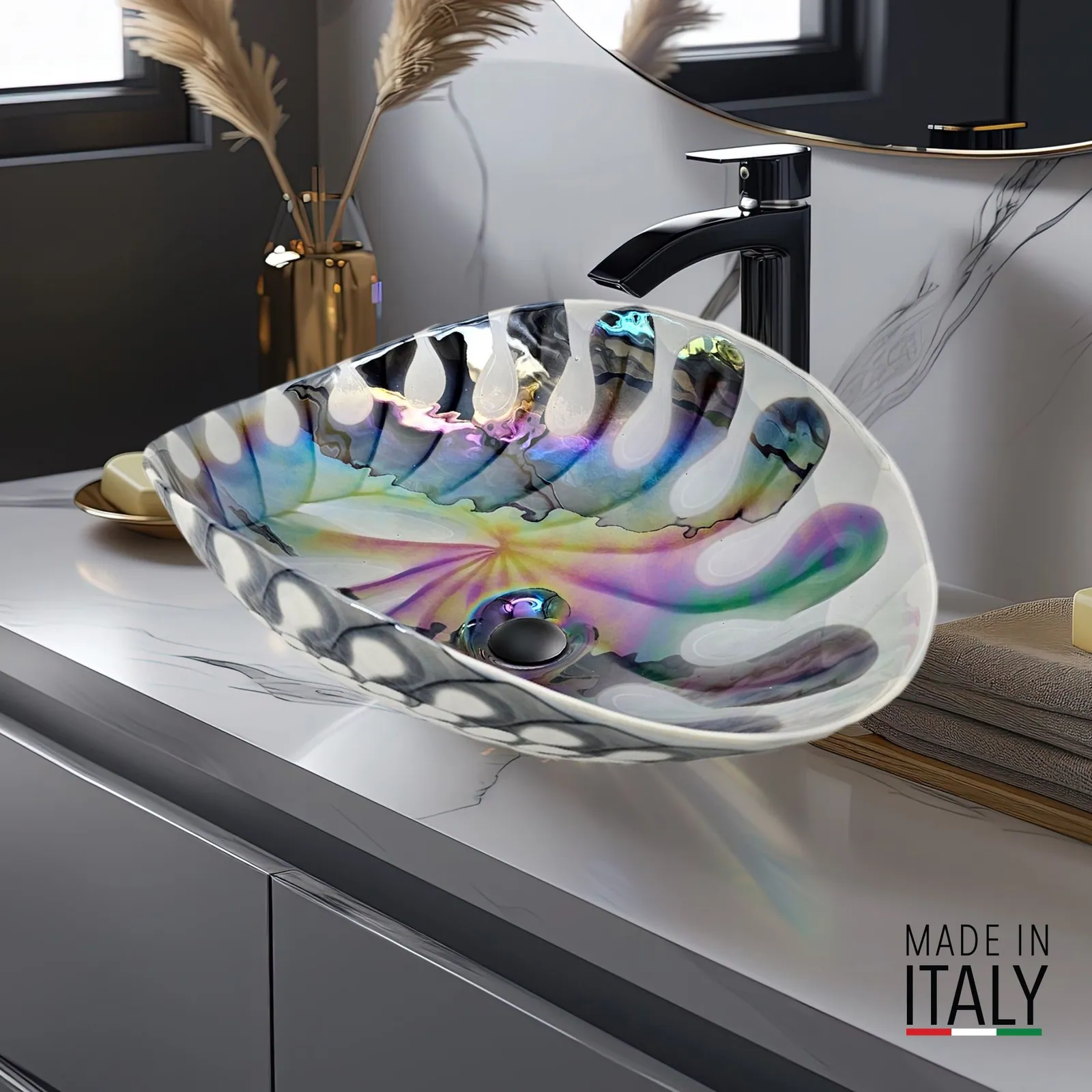 Ruvati 19 inch Murano Glass Art Vessel Seashell Decorative Pattern Bathroom Sink – Spira Luxe Pearl White