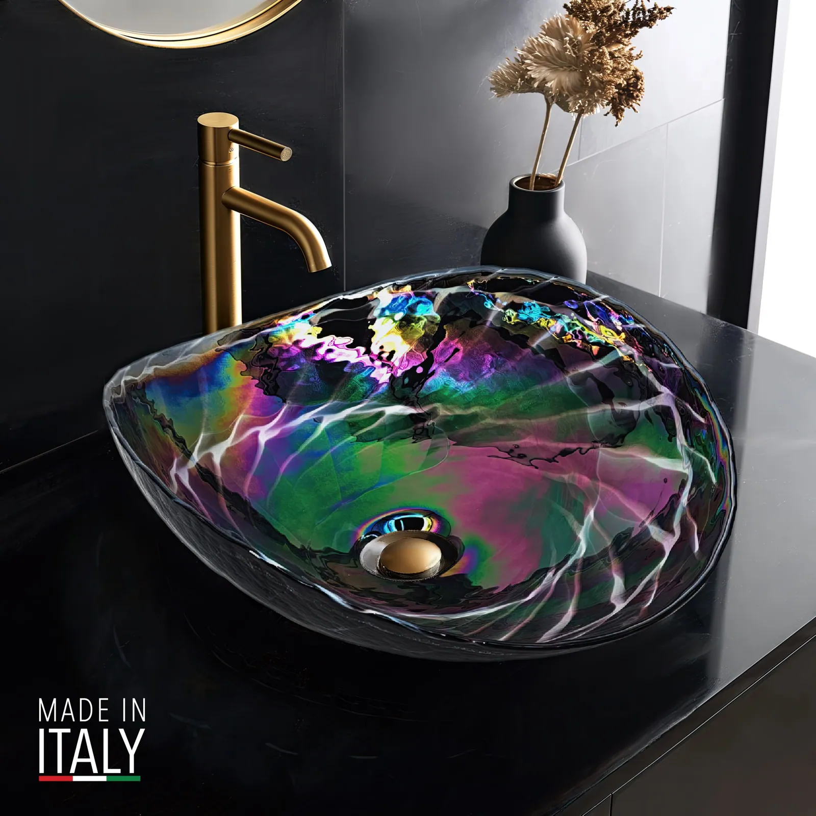 Ruvati 19 inch Murano Glass Art Vessel Seashell Decorative Pattern Bathroom Sink – Cosmic Black