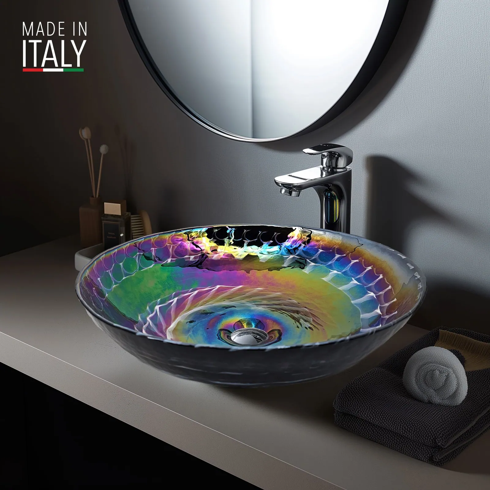 Ruvati 16 inch Murano Glass Art Vessel Circle Decorative Pattern Bathroom Sink – Cosmic Black