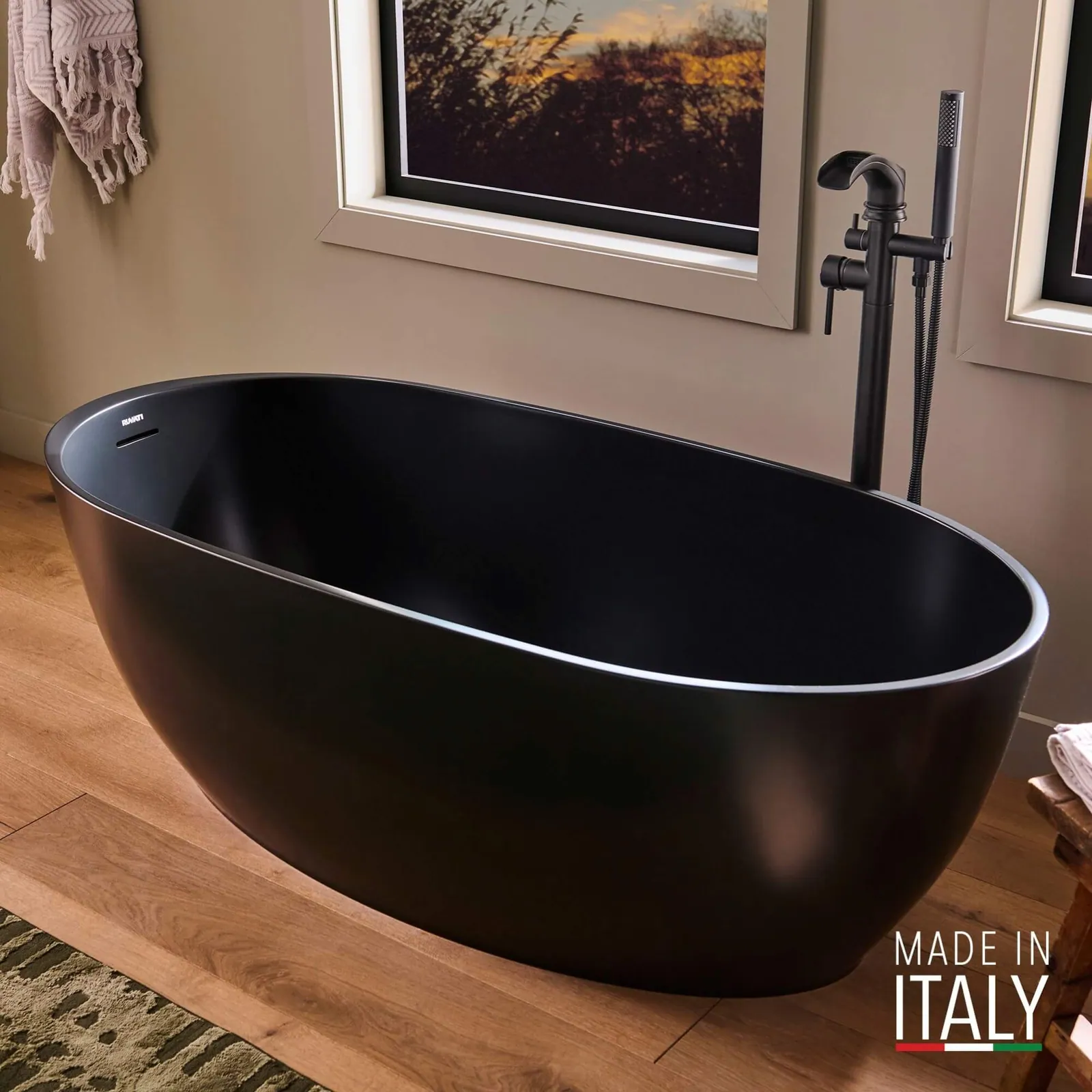 Ruvati 59-inch Matte Black epiStone Solid Surface Oval Freestanding Bath Tub Canali