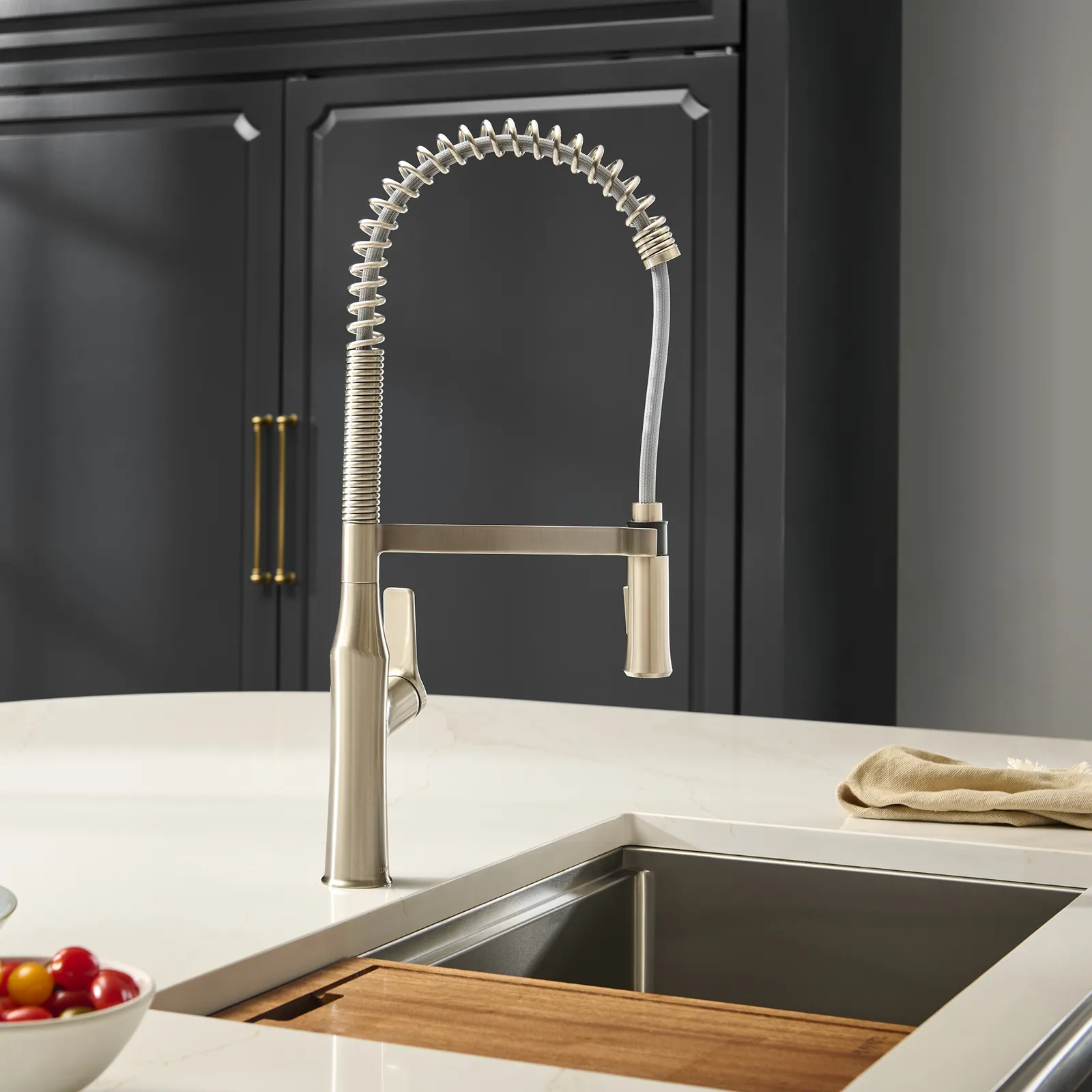 Ruvati Bianca Stainless Steel Single Handle Kitchen Faucet Tall Spring Commercial with Pre-Rinse Sprayer