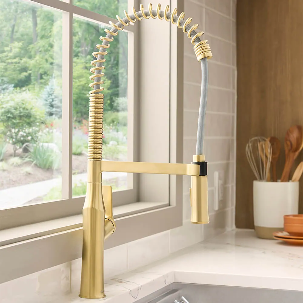 Ruvati Bianca Brushed Gold Single Handle Kitchen Faucet Tall High Arc Commercial with Pre-Rinse Sprayer