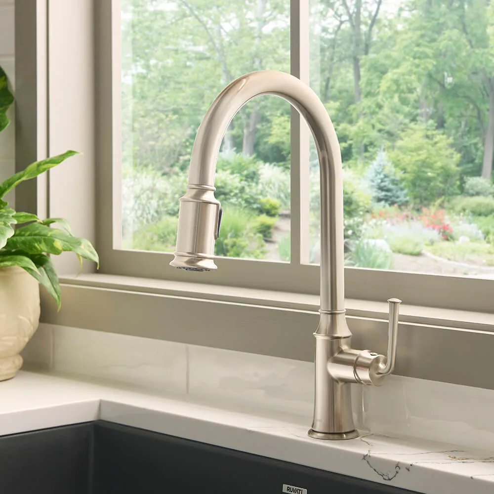Ruvati Simoni Stainless Steel Pull Down Kitchen Faucet Single Handle Traditional Gooseneck with Pull Out Sprayer