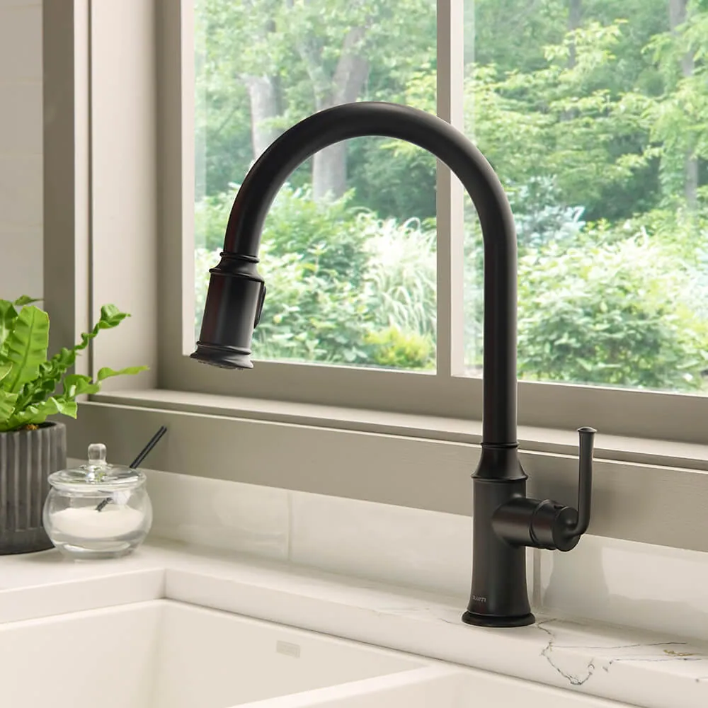 Ruvati Simoni Matte Black Pull Down Kitchen Faucet Single Handle Traditional Classic Style Gooseneck with Sprayer