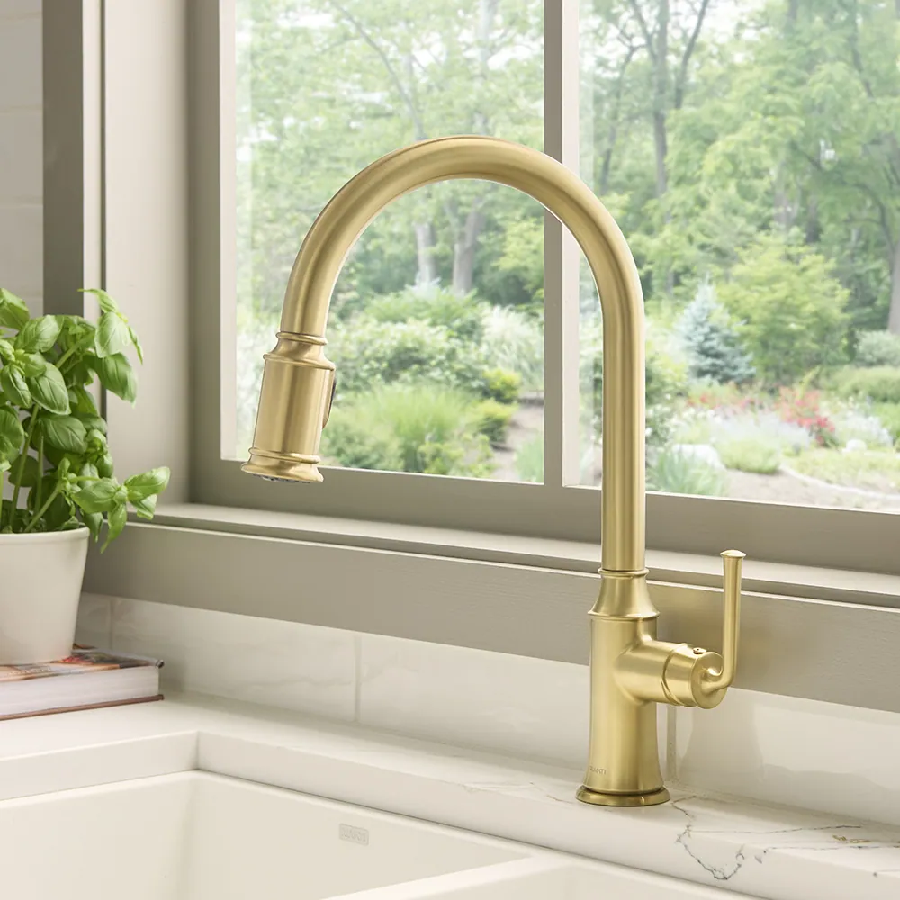 Ruvati Simoni Brushed Gold Kitchen Faucet Single Handle Traditional Farmhouse with Pull Down Spray Hose
