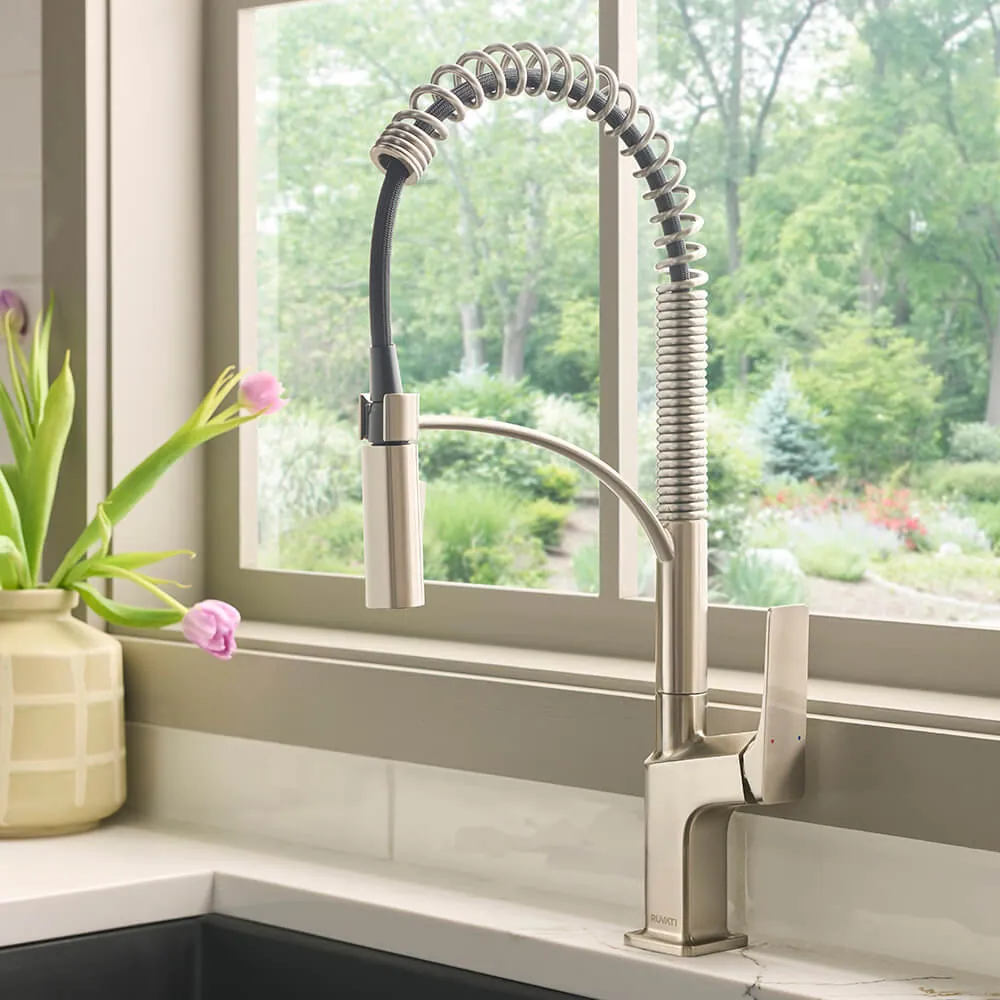 Ruvati Seneca Stainless Steel Single Handle Pull Down Kitchen Faucet Modern Sharp Style with Pre-Rinse Sprayer