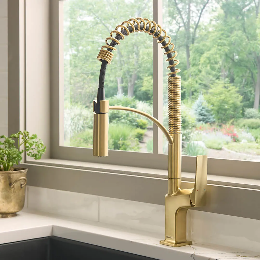 Ruvati Seneca Single Handle Pull Down Spring Kitchen Faucet with Pre-Rinse Sprayer in Brushed Gold