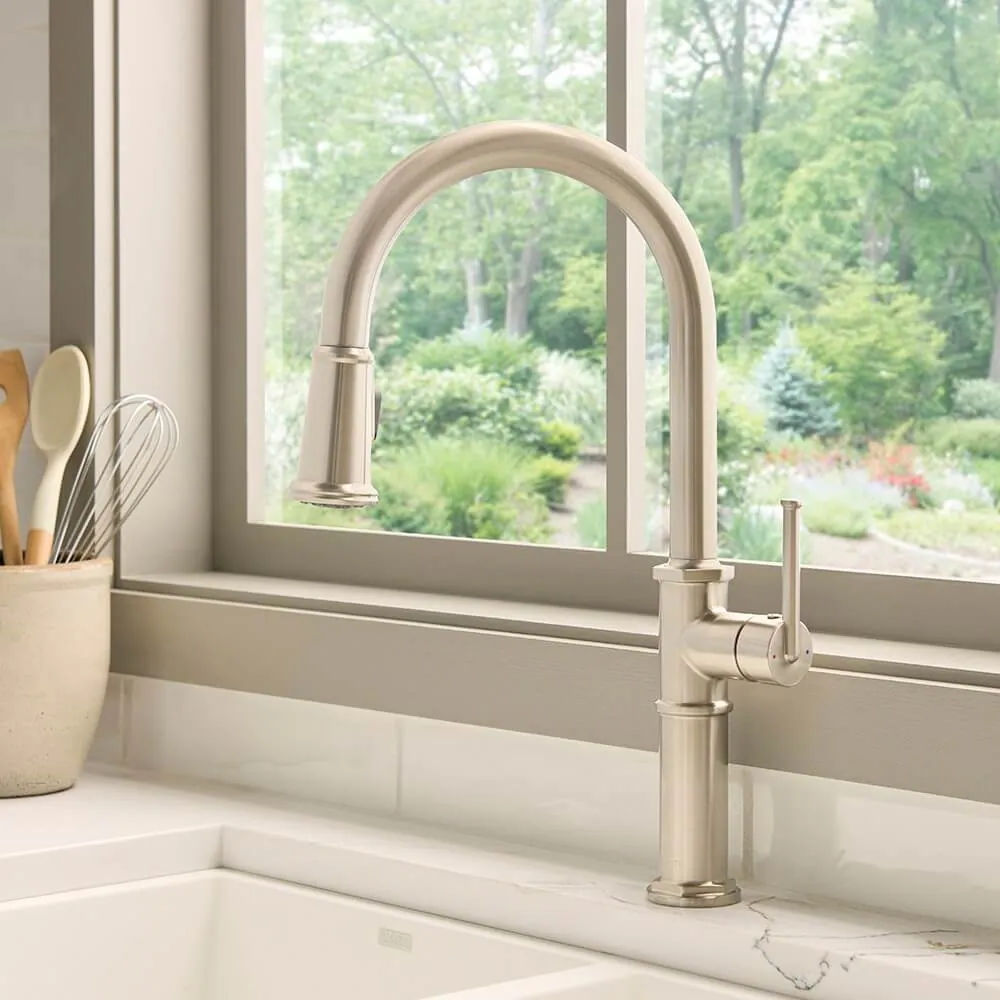 Ruvati Idris Single Handle Pull Down Kitchen Contemporary Art Deco Faucet with Sprayer in Stainless Steel