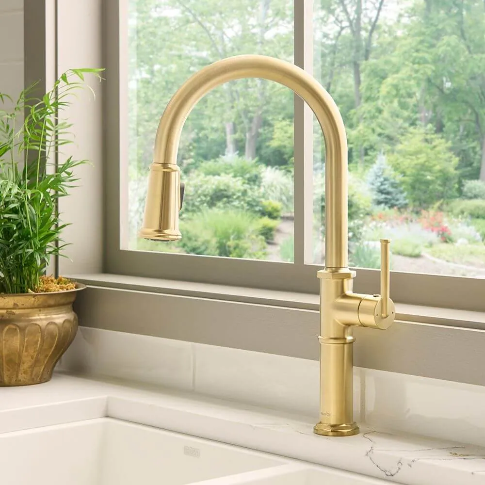 Ruvati Idris Single Handle Pull Down Kitchen Faucet Tall High Arc Gooseneck with Sprayer in Brushed Gold
