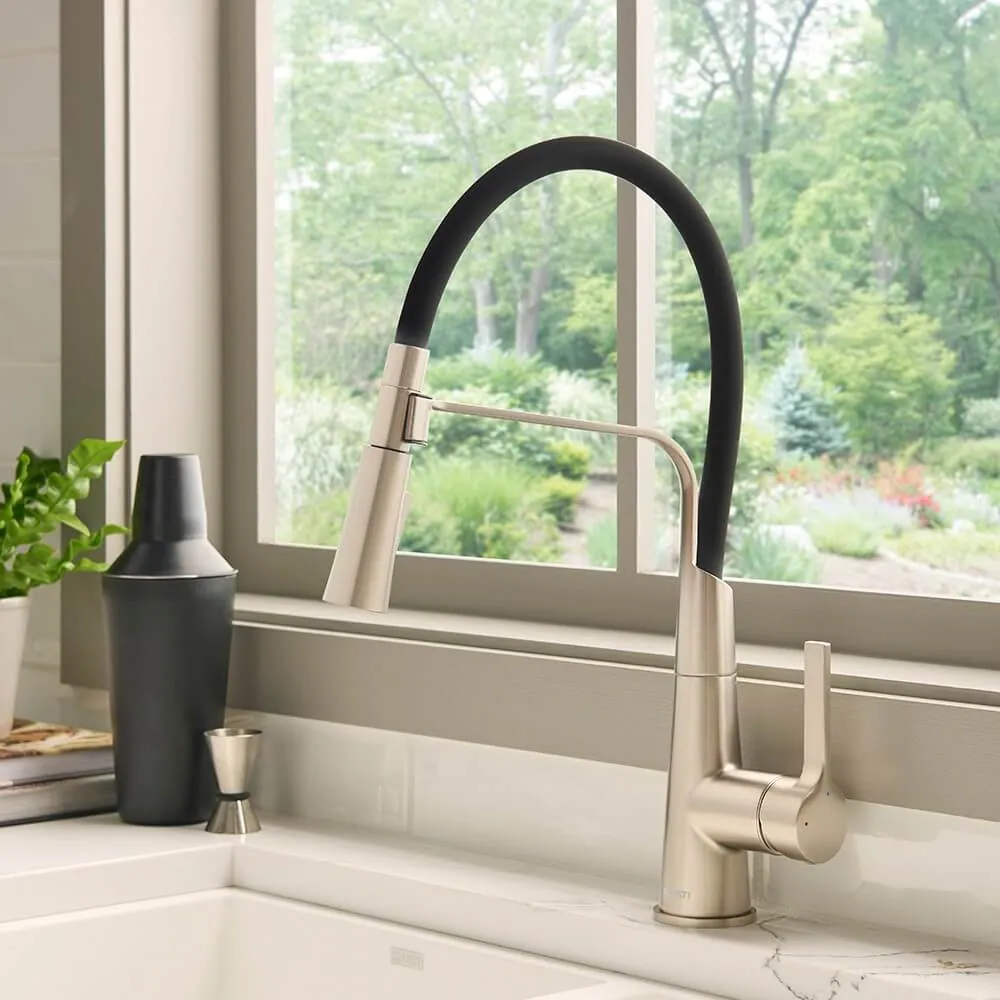 Ruvati Carina Single Handle Flexible Soft Hose Sprayer Kitchen Faucet in Stainless Steel and Black