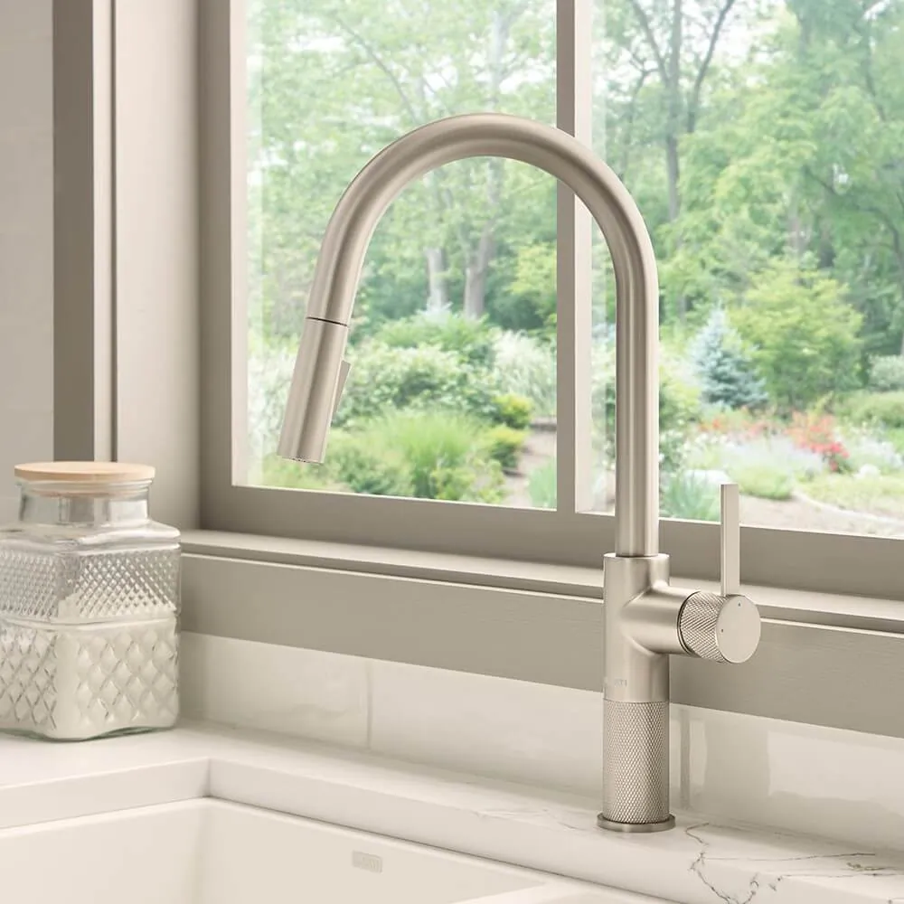 Ruvati Isola Single Handle Pull Down Kitchen Faucet Knurling Contemporary Tall Arc in Stainless Steel