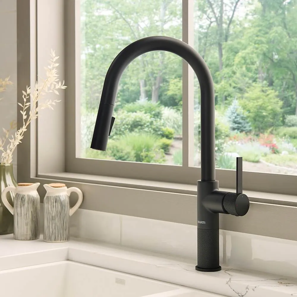Ruvati Isola Single Handle Pull Down Kitchen Faucet Modern Knurled with Sprayer in Matte Black