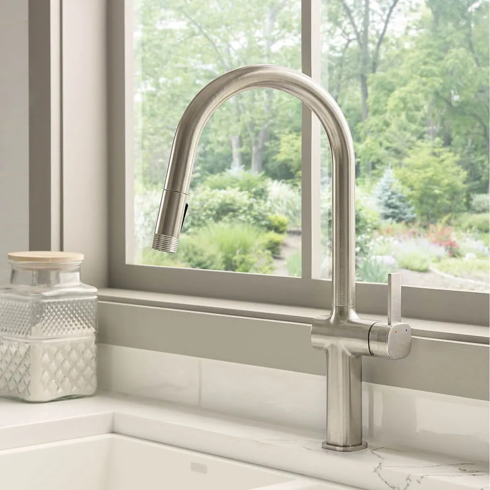 Ruvati Demi Single Handle Pull Down Kitchen Faucet Fluted Arc with Sprayer in Stainless Steel