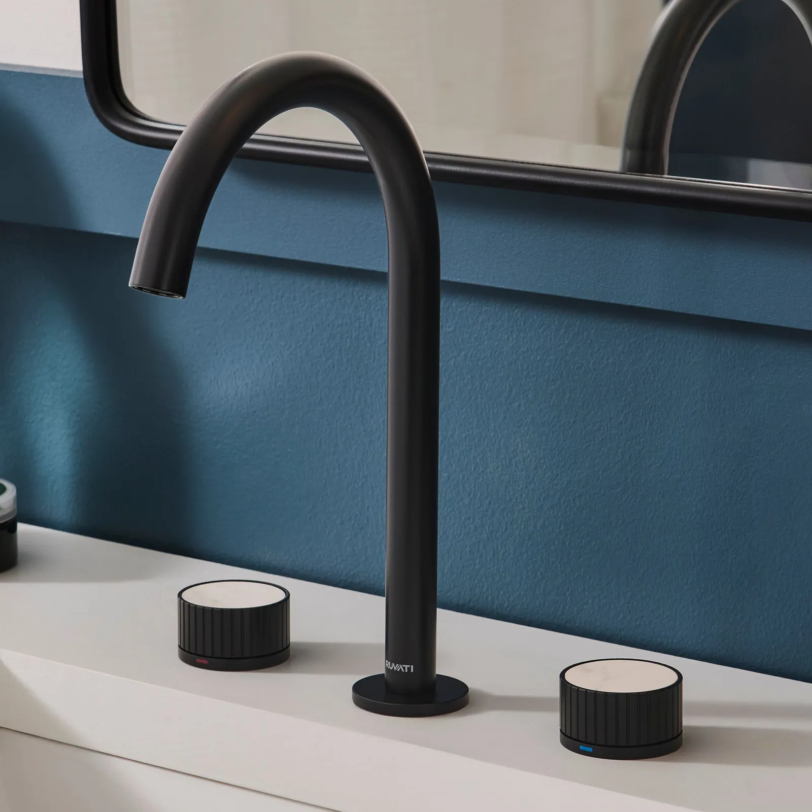 Ruvati Athena Two Handle Stone Marble Inlay Grooved Widespread Bathroom Faucet in Matte Black