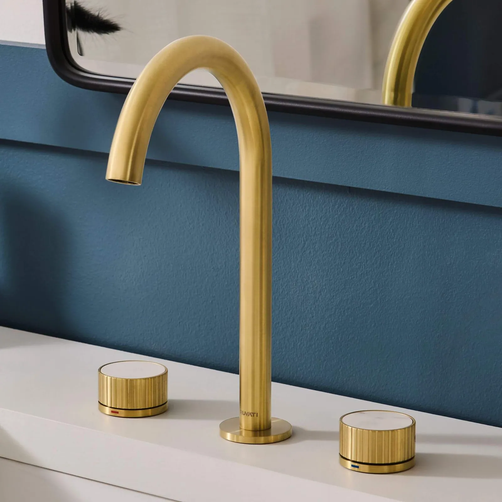 Ruvati Athena Two Handle Stone Marble Luxury Knob Widespread Bathroom Faucet in Brushed Gold