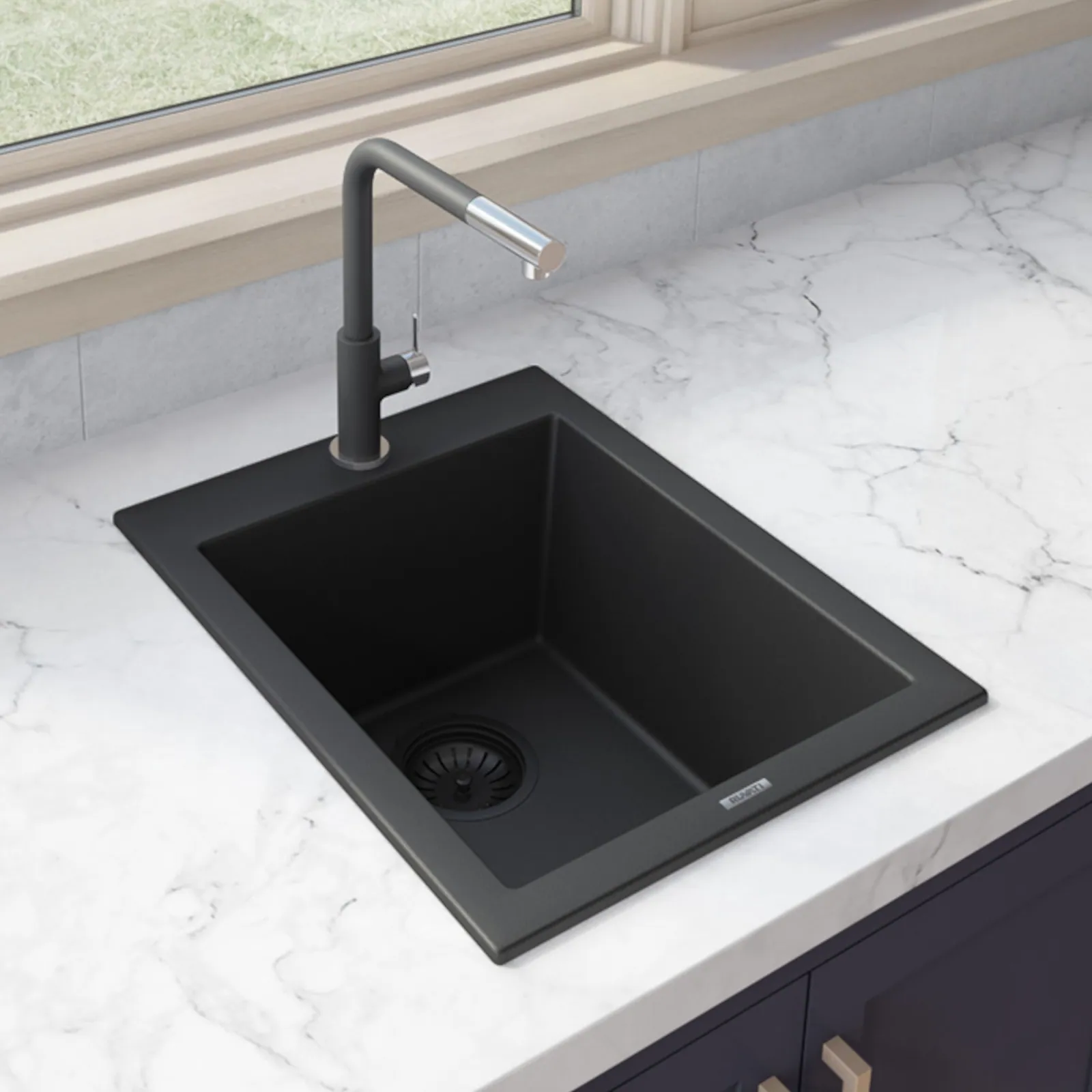 Ruvati 18 x 20 inch epiGranite Drop-in Topmount Granite Composite Quartz Single Bowl Wet Bar Prep Sink – Midnight Black