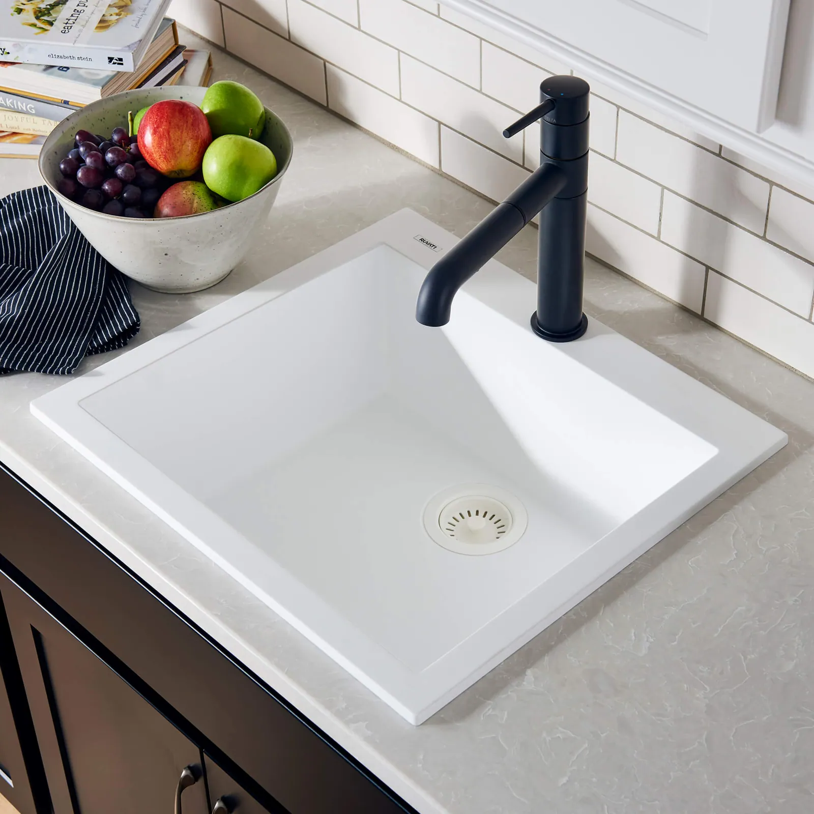 Ruvati 22 x 20 inch epiGranite Drop-in Topmount Granite Composite Quartz Single Bowl Wet Bar Prep Sink – Arctic White Matte