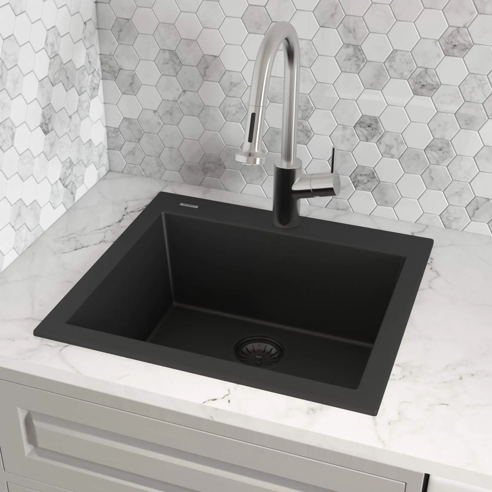 Ruvati 23 x 20 inch epiGranite Drop-in Topmount Granite Composite Quartz Single Bowl Wet Bar Prep Sink – Midnight Black