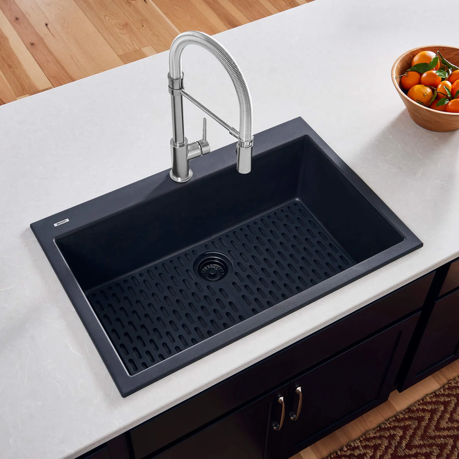 Ruvati 27 x 20 inch Drop-in Topmount Granite Composite Quartz Single Bowl Kitchen Sink – Midnight Black