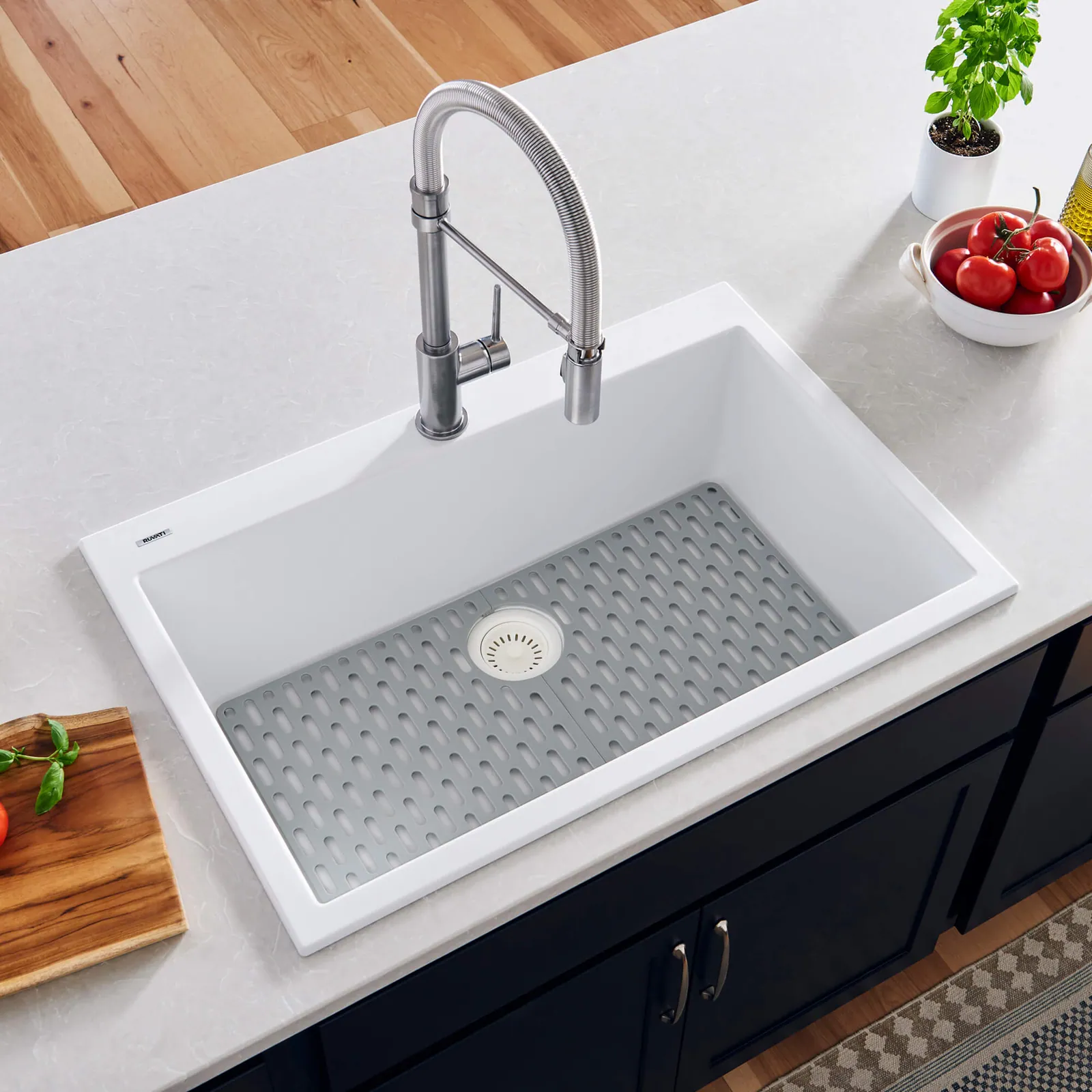 Ruvati 27 x 20 inch Drop-in Topmount Granite Composite Quartz Single Bowl Kitchen Sink – Arctic White Matte