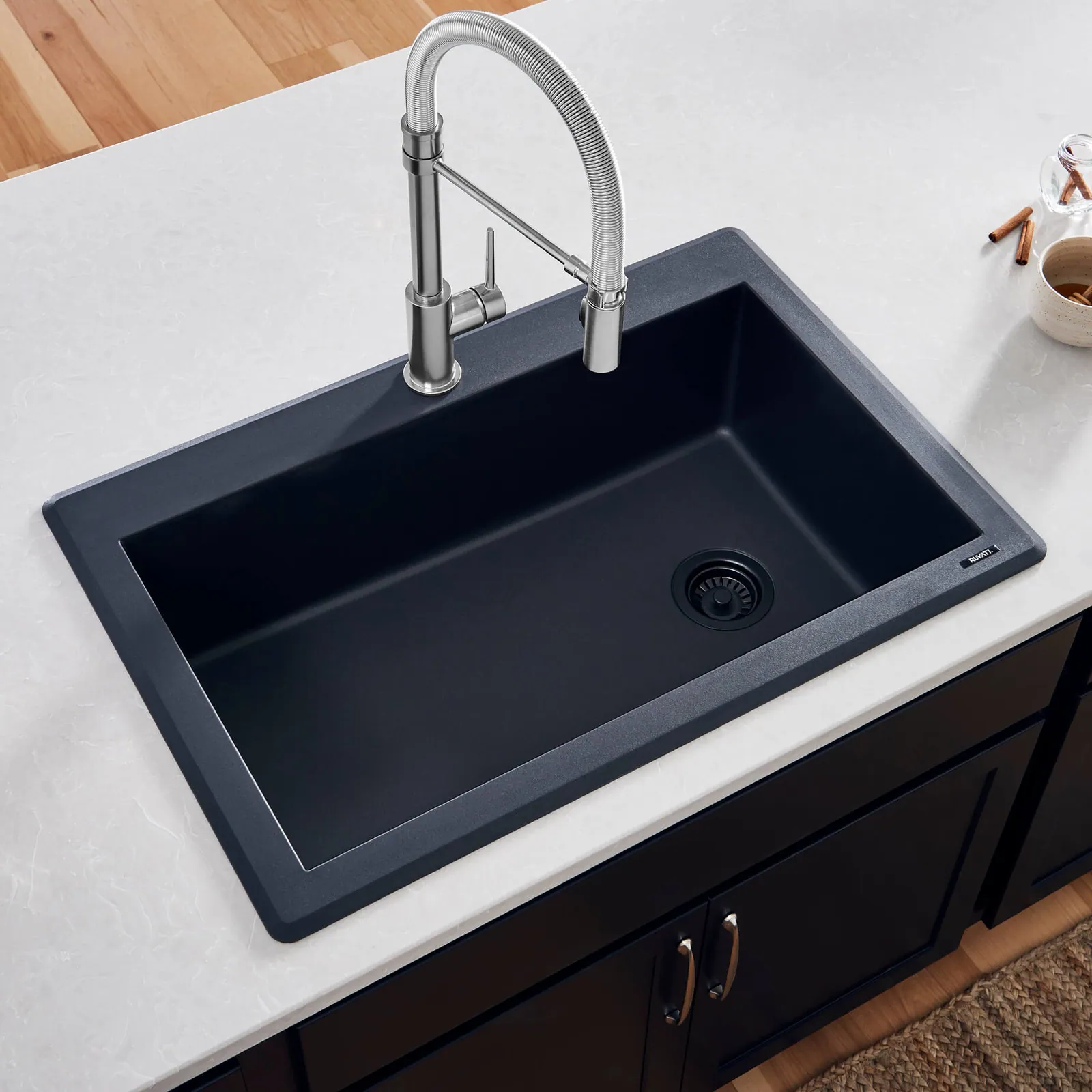 Ruvati 33 x 22 inch epiGranite Drop-in Topmount Granite Composite Quartz Single Bowl Kitchen Sink – Midnight Black