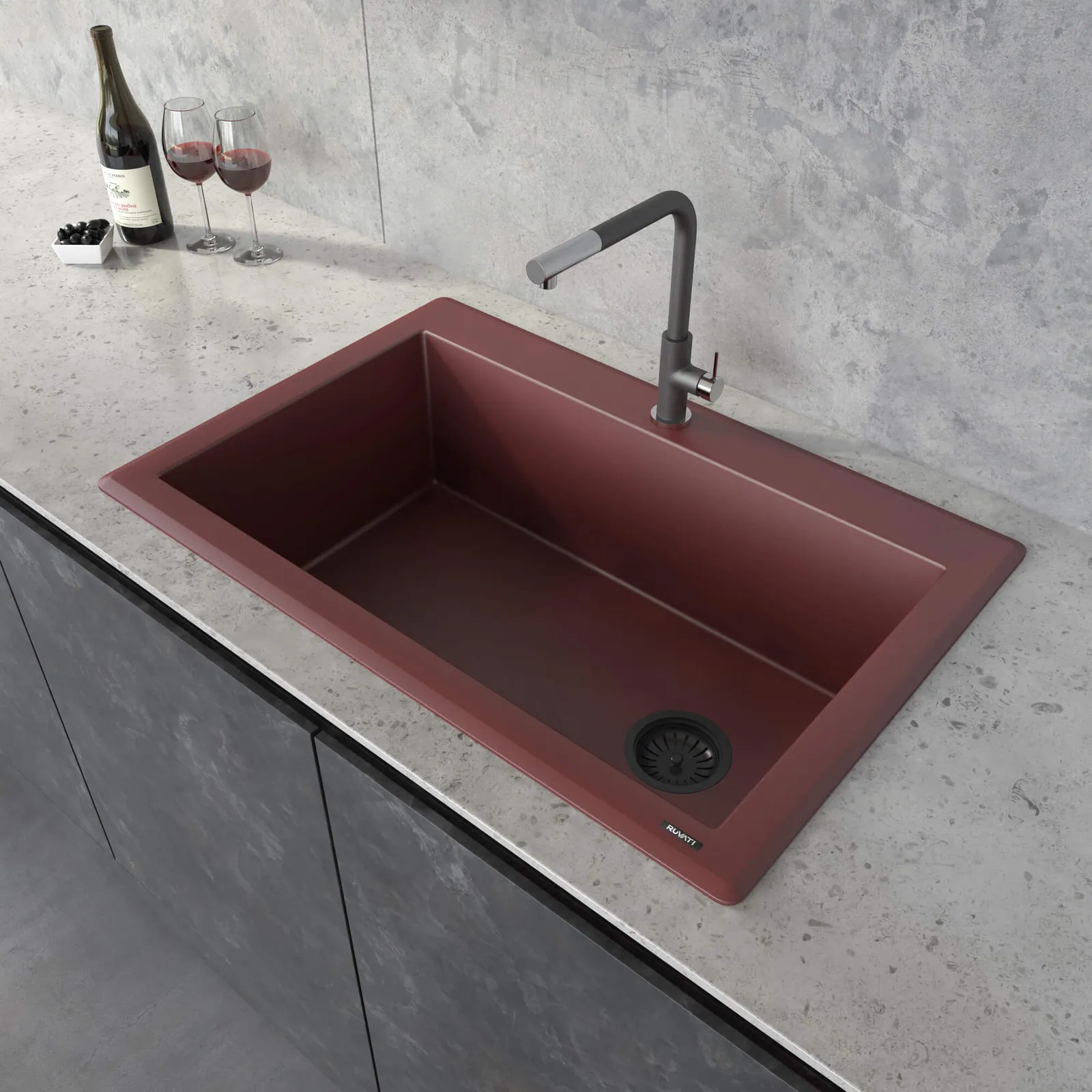 Ruvati 33 x 22 inch Granite Composite Quartz Drop-in Topmount Single Bowl Kitchen Sink – Carnelian Red