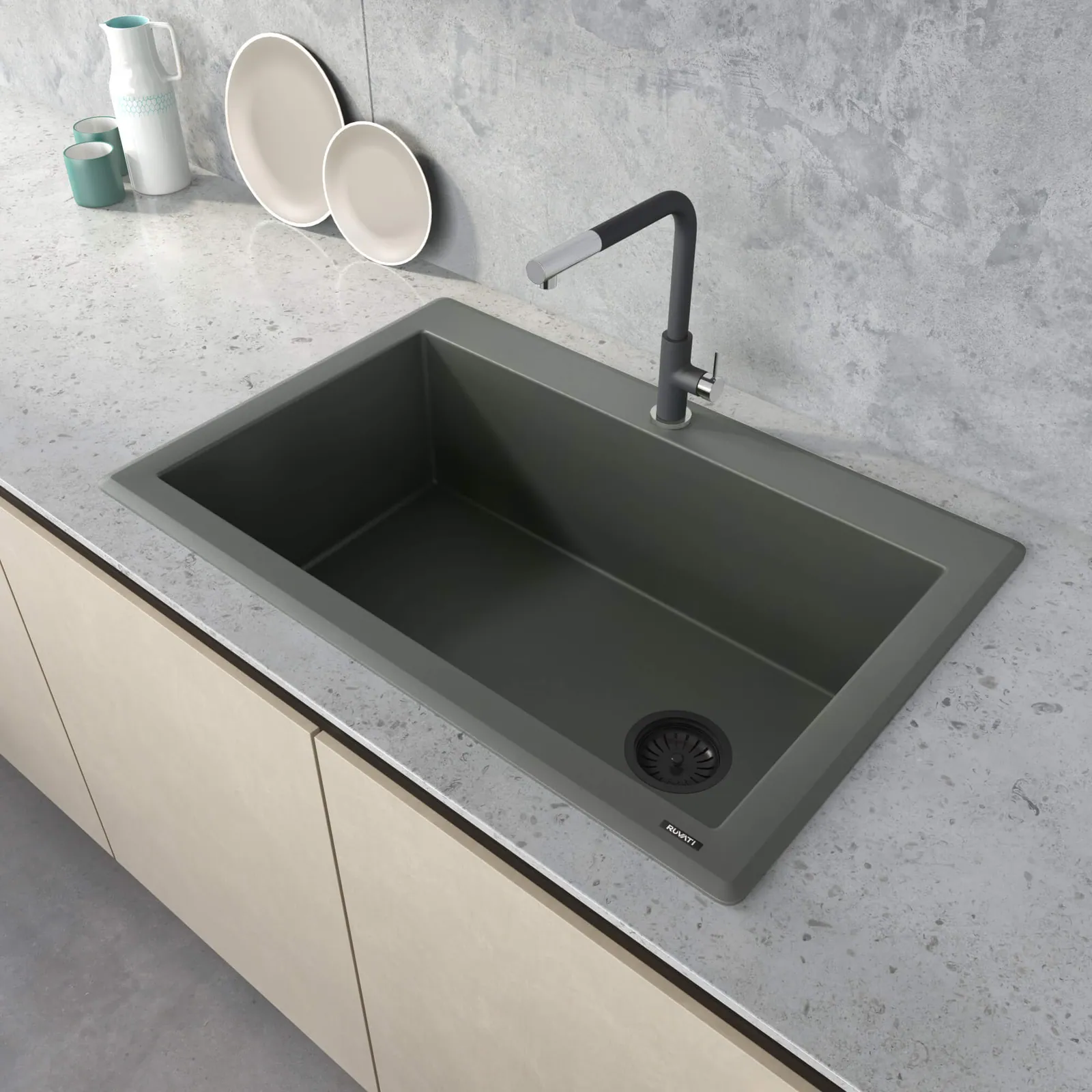 Ruvati 33 x 22 inch Granite Composite Quartz Drop-in Topmount Single Bowl Kitchen Sink – Juniper Green