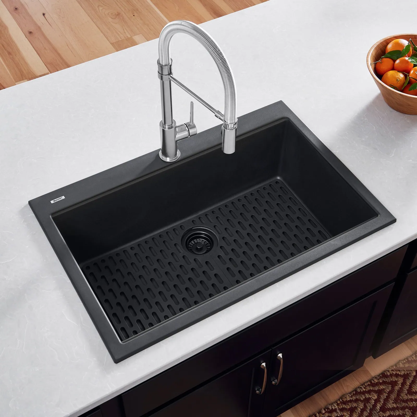 Ruvati 33 x 22 inch epiGranite Drop-in Topmount Granite Composite Quartz Single Bowl Kitchen Sink – Midnight Black