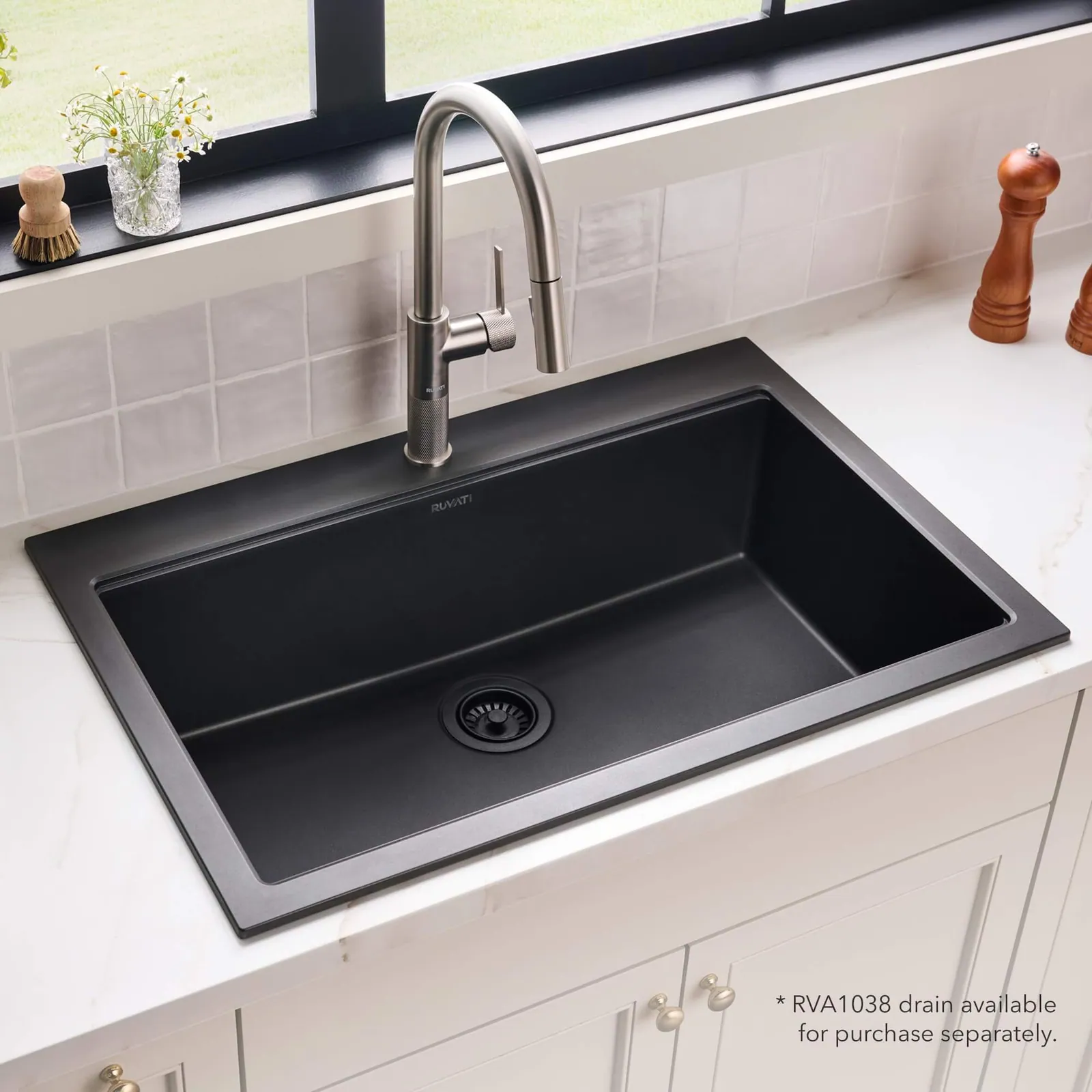 Ruvati 33 x 22 inch epiGranite Drop-in Topmount Granite Composite Quartz Single Bowl Kitchen Sink – Midnight Black