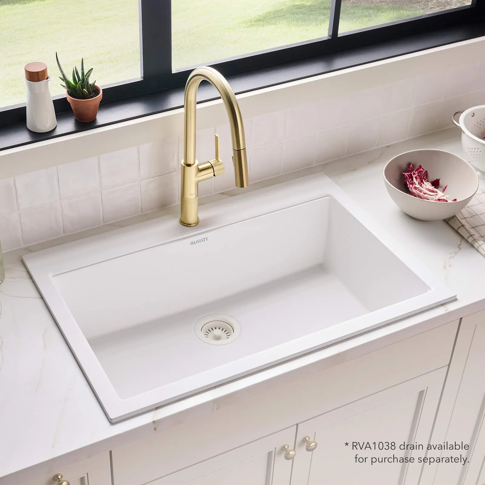 Ruvati 33 x 22 inch epiGranite Drop-in Topmount Granite Composite Quartz Single Bowl Kitchen Sink – Arctic White Matte