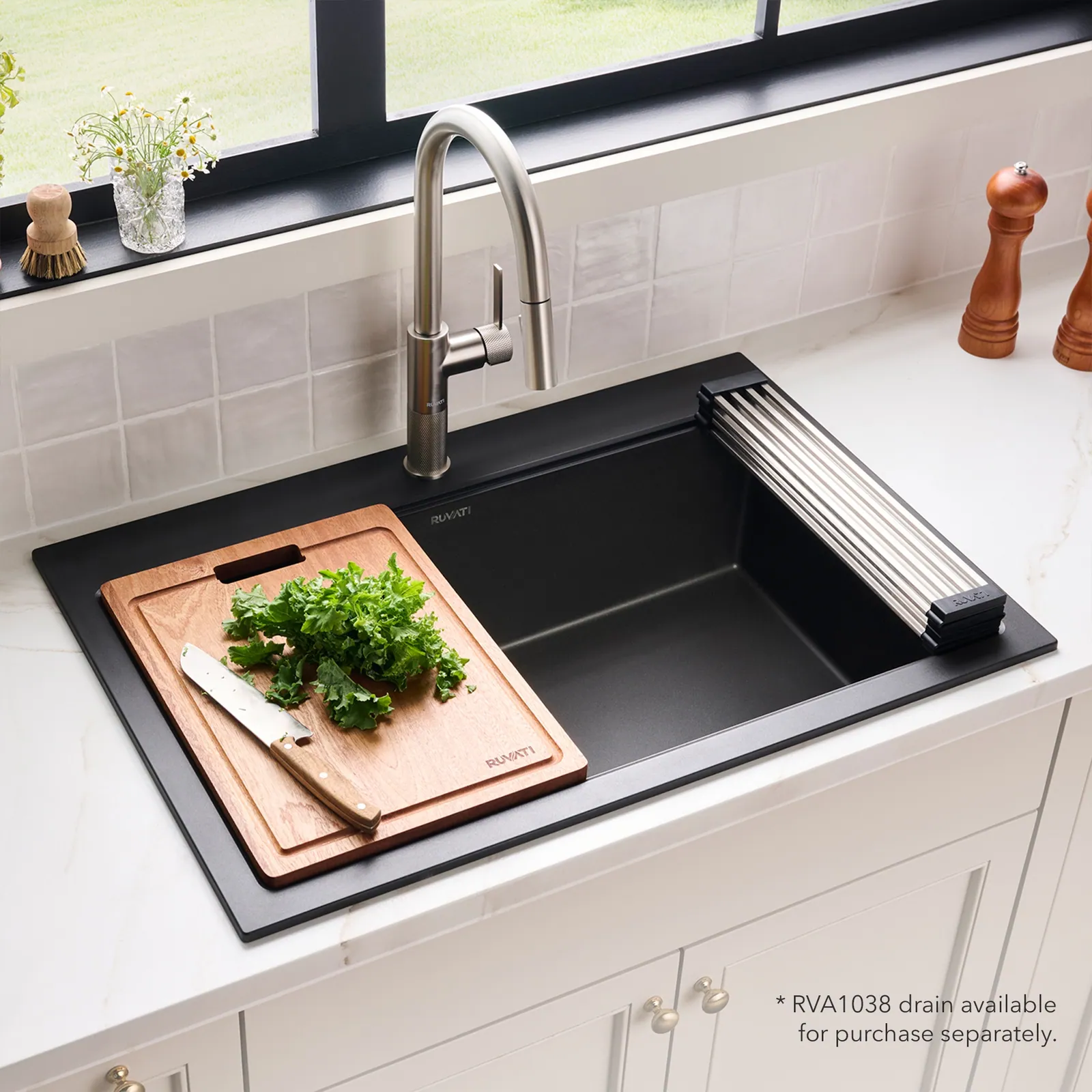 Ruvati 33-inch Drop-in Topmount Workstation Granite Composite Quartz Kitchen Sink – Midnight Black